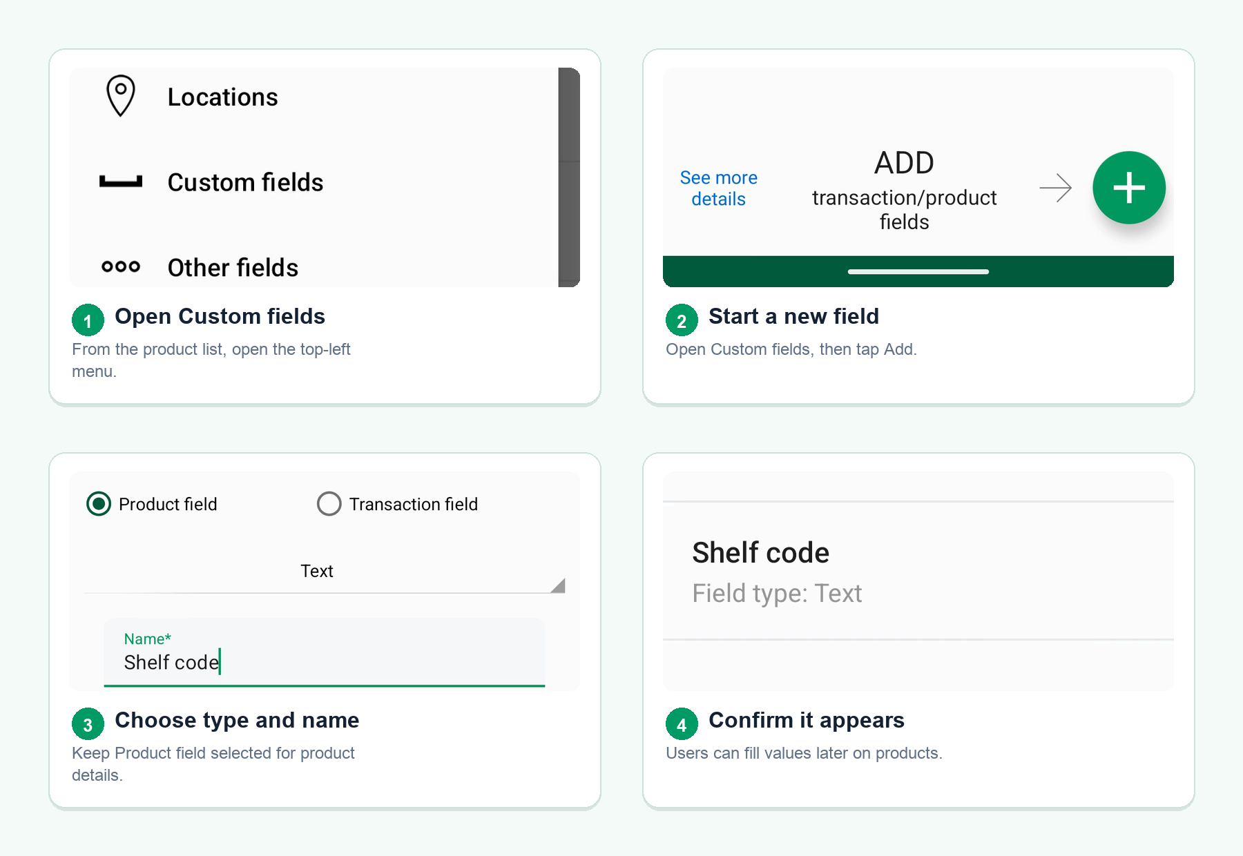 Four Android screens showing how to create an inventory custom field from the product list menu