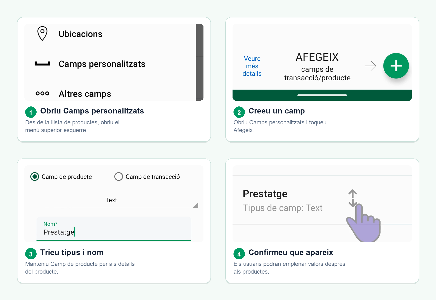 Quatre pantalles d’Android mostren com crear un camp personalitzat de l’inventari des del menú de la llista de productes