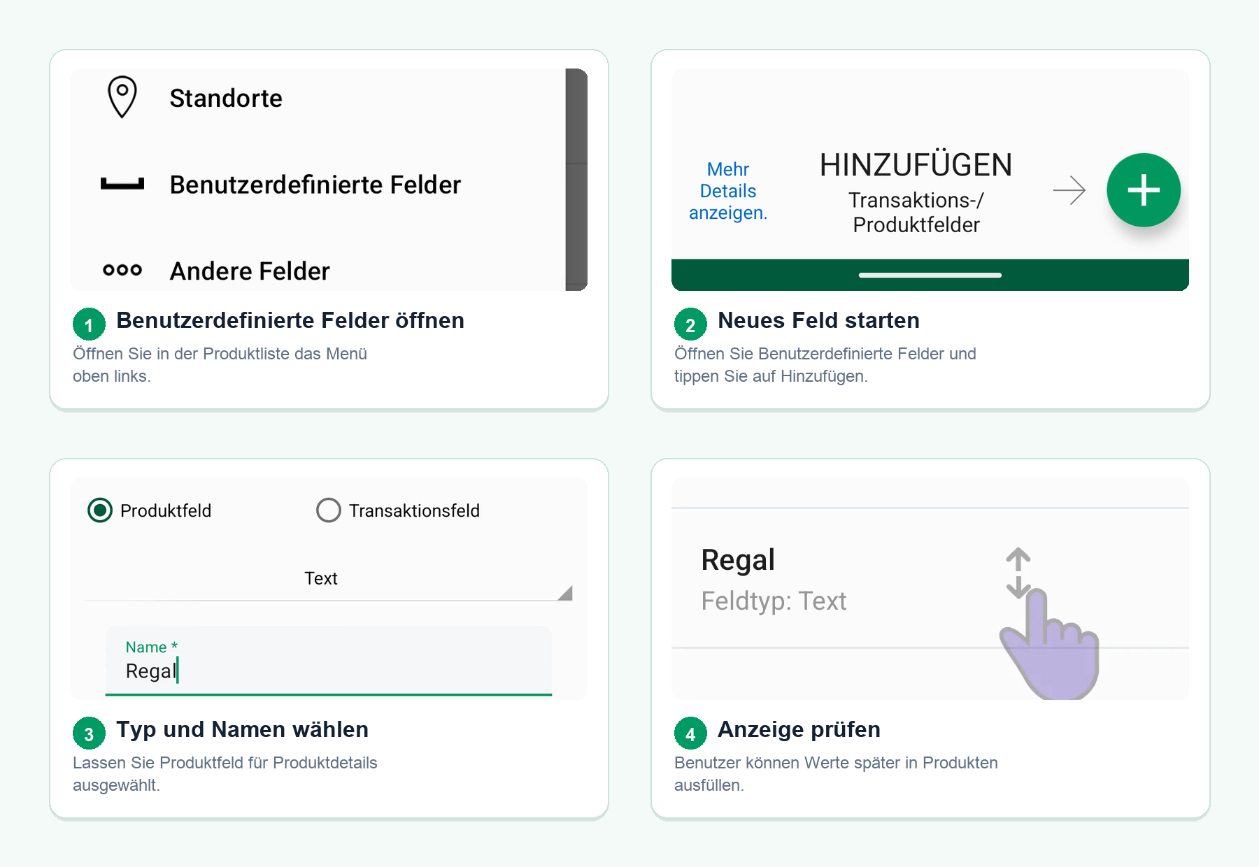 Vier Android-Bildschirme zeigen, wie ein benutzerdefiniertes Inventarfeld über das Menü der Produktliste erstellt wird