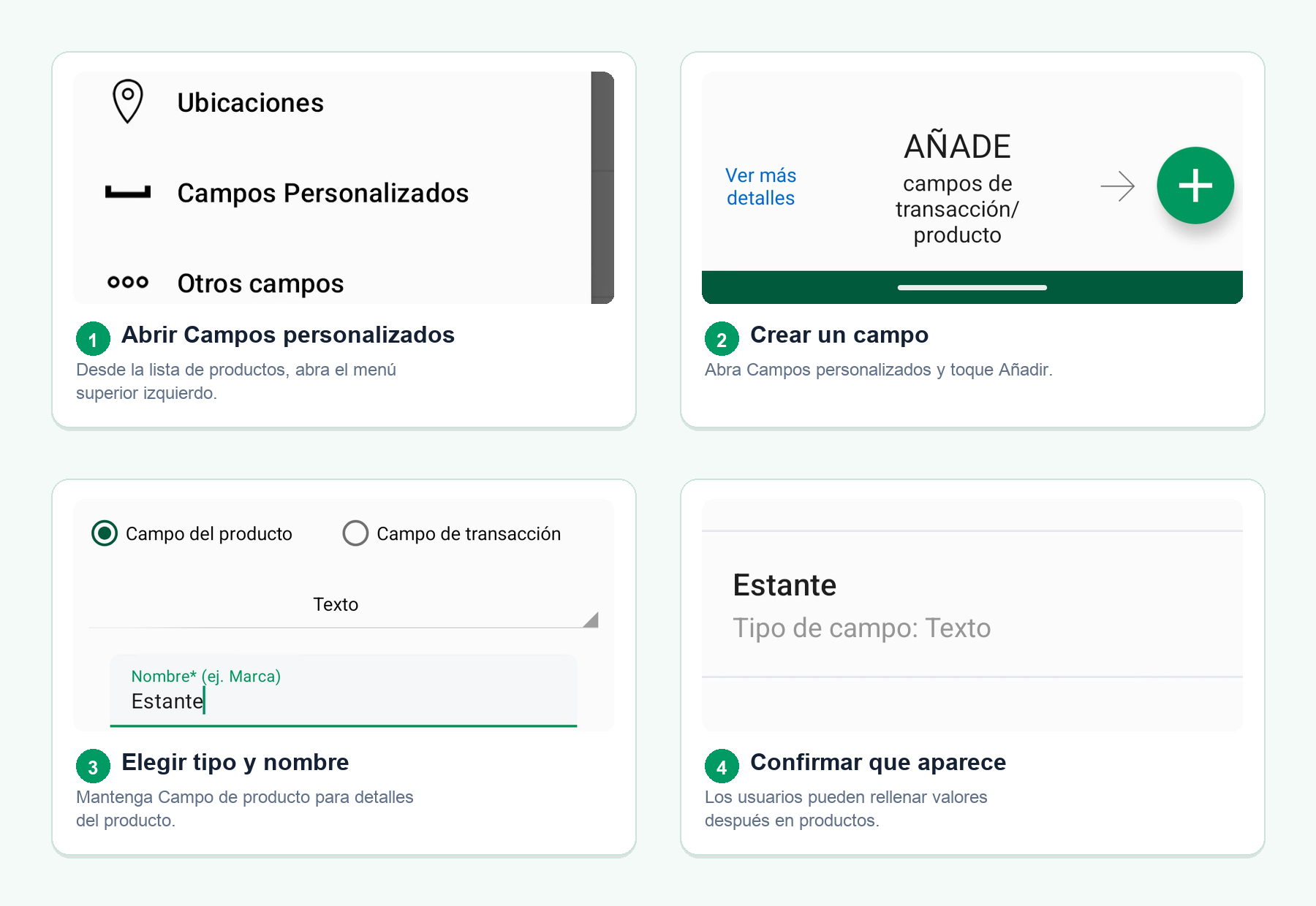 Cuatro pantallas de Android que muestran cómo crear un campo personalizado del inventario desde el menú de la lista de productos