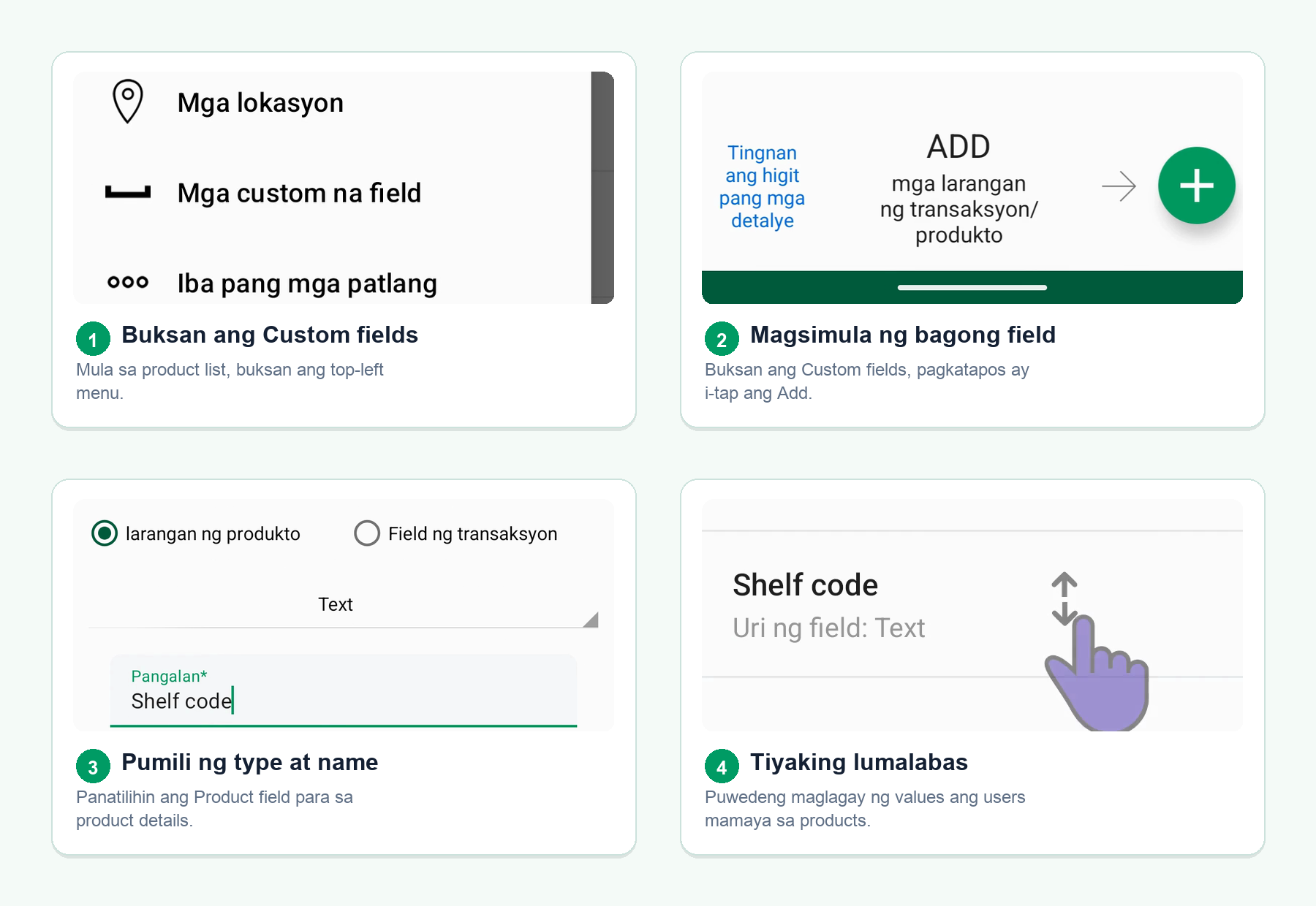 Apat na Android screen na nagpapakita kung paano gumawa ng inventory custom field mula sa menu ng product list