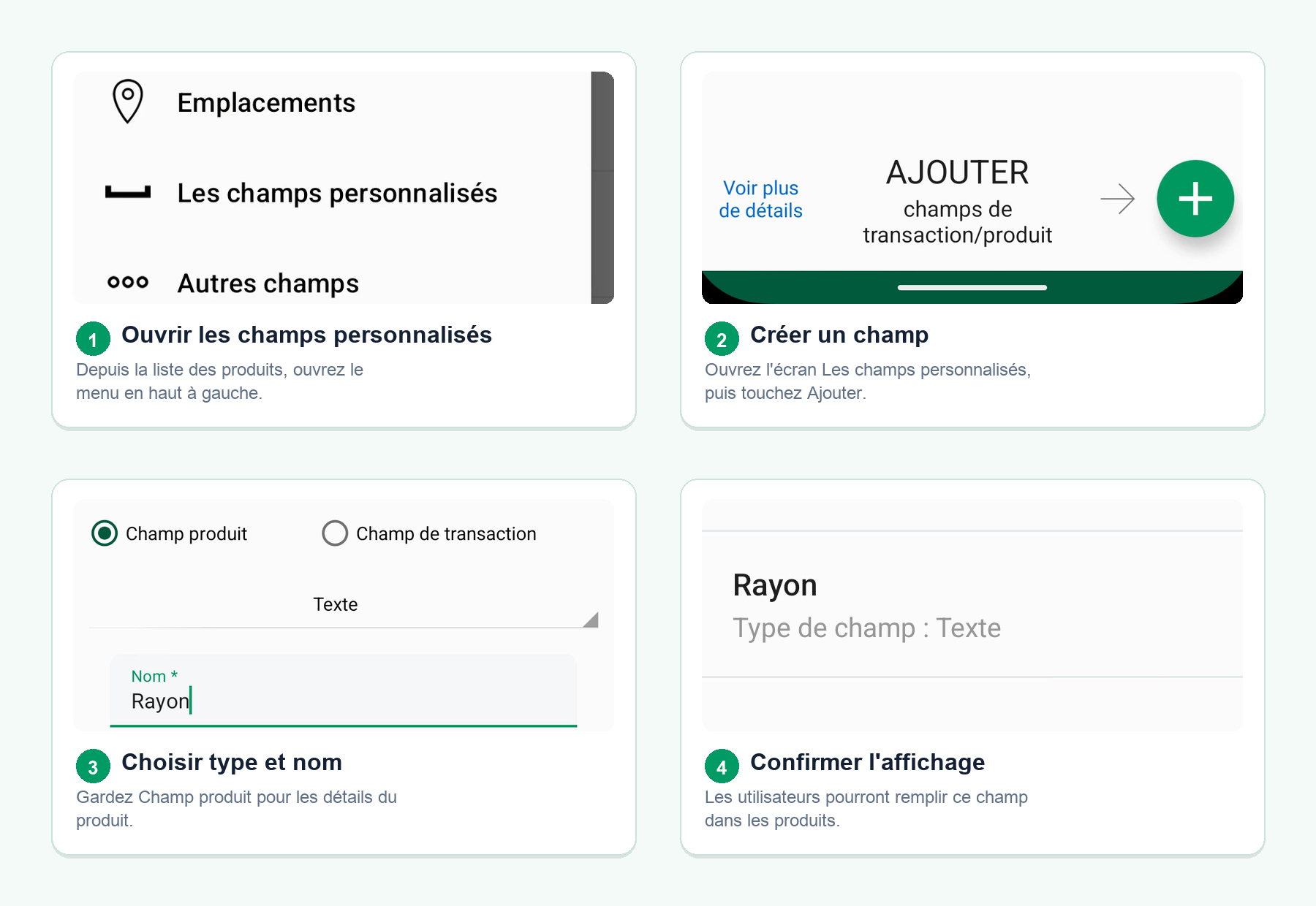 Quatre écrans Android montrant comment créer un champ personnalisé d’inventaire depuis le menu de la liste des produits