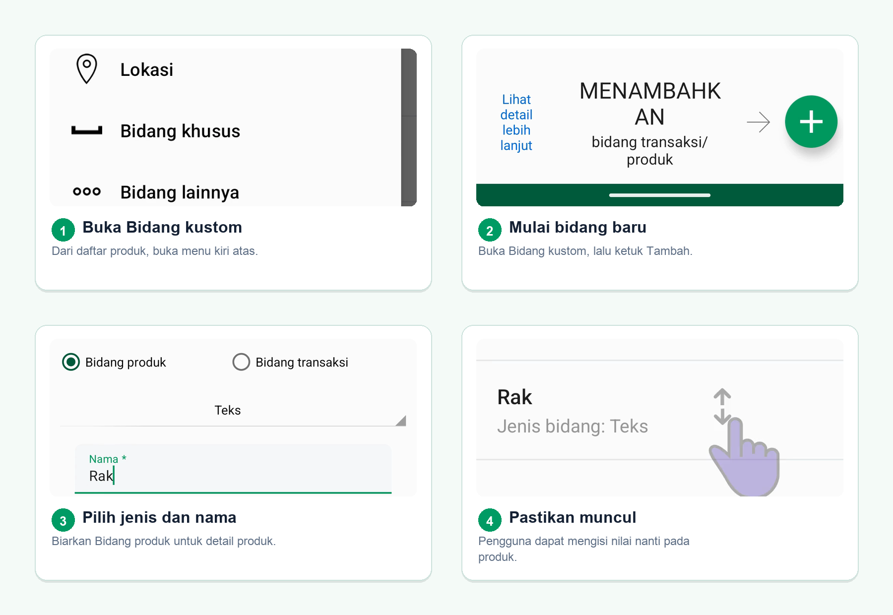 Empat layar Android yang menunjukkan cara membuat bidang kustom inventaris dari menu daftar produk