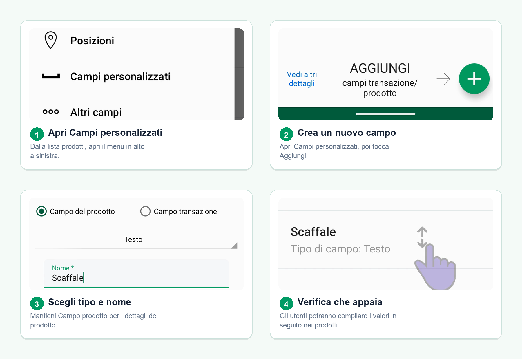 Quattro schermate Android mostrano come creare un campo personalizzato dell’inventario dal menu della lista prodotti