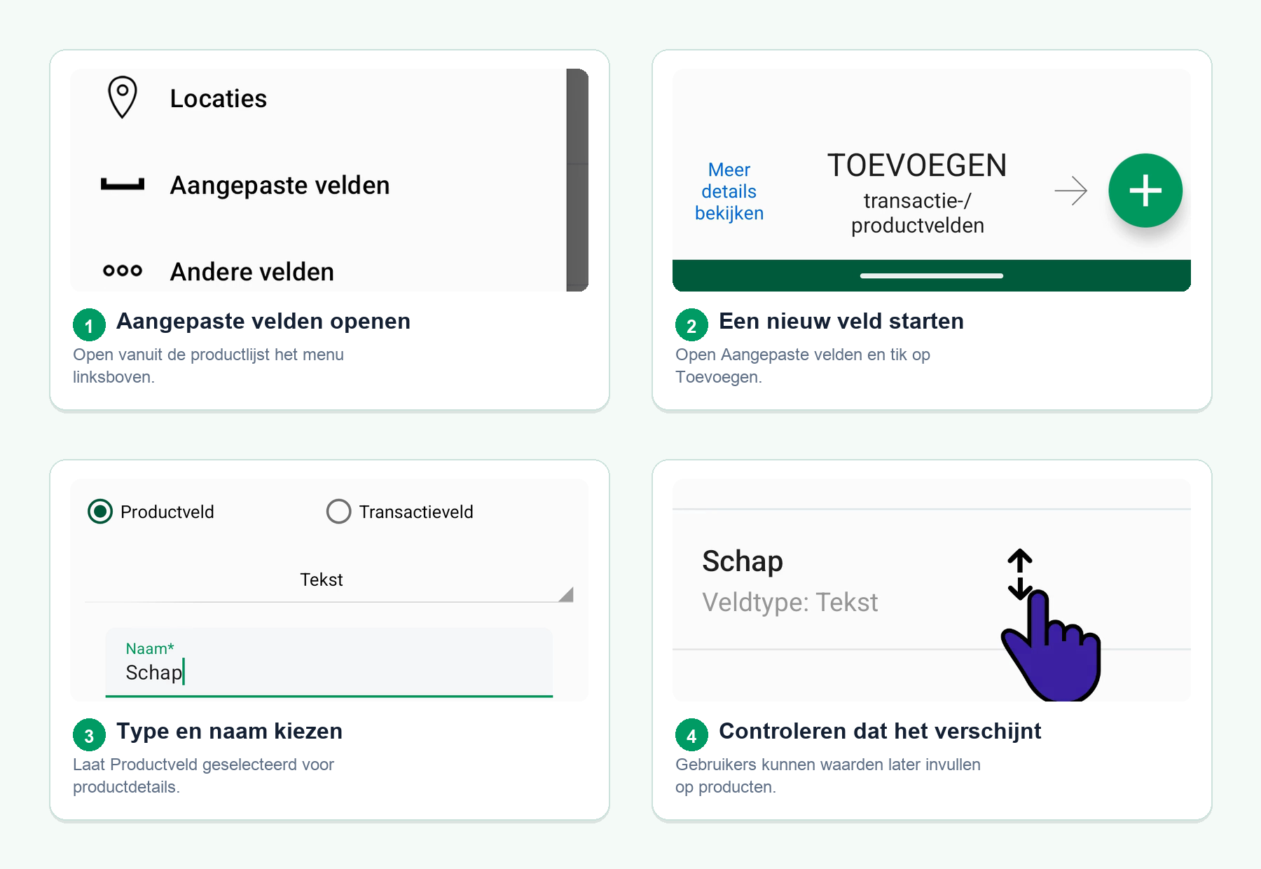 Vier Android-schermen tonen hoe u een aangepast inventarisveld maakt vanuit het menu van de productlijst