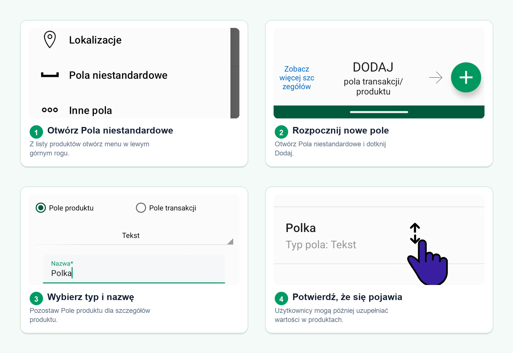 Cztery ekrany Androida pokazują tworzenie niestandardowego pola magazynu z menu listy produktów