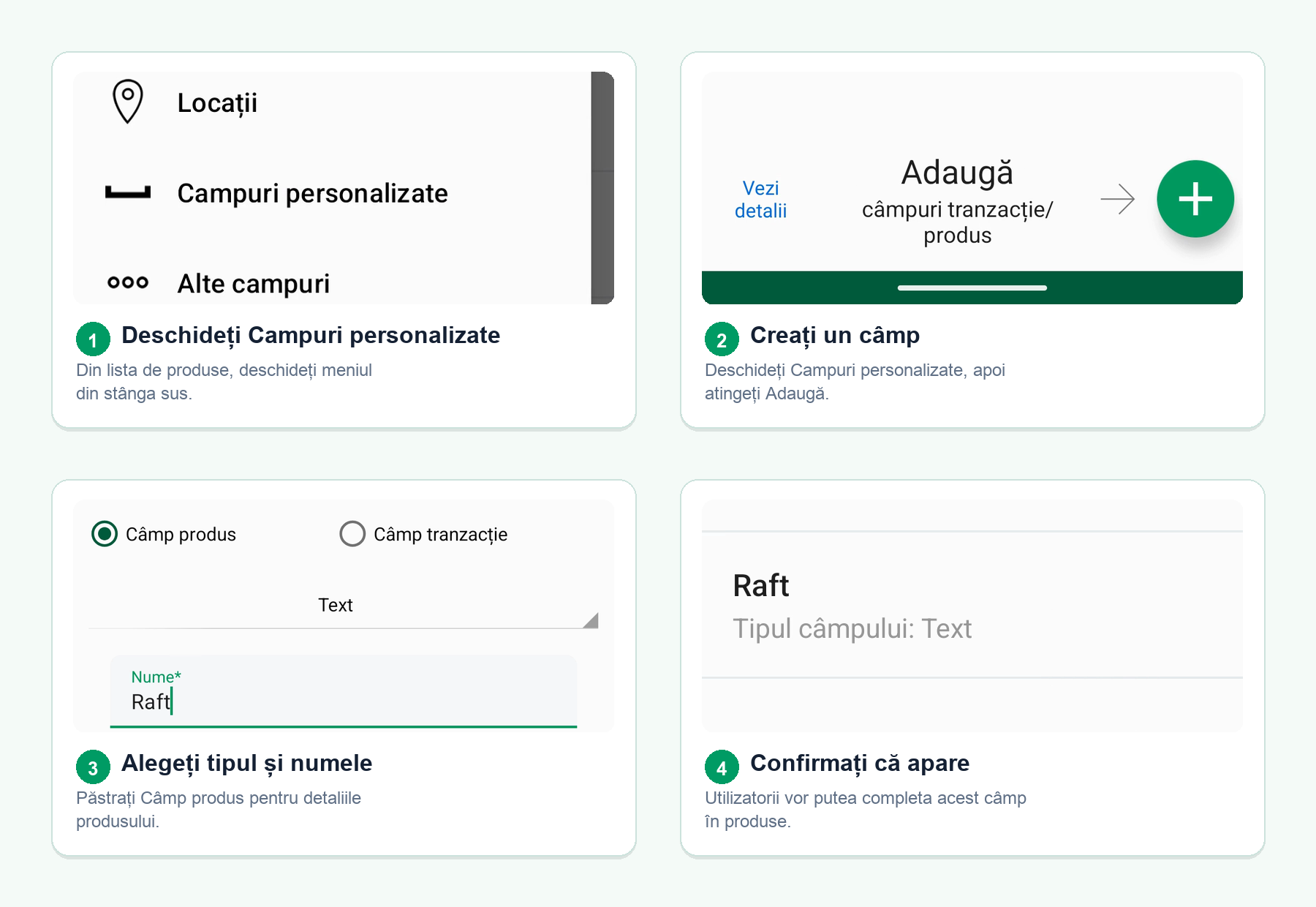 Patru ecrane Android care arată cum se creează un câmp personalizat de inventar din meniul listei de produse