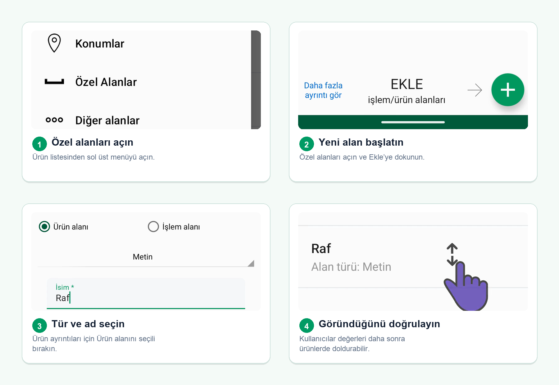 Ürün listesi menüsünden envanter özel alanı oluşturmayı gösteren dört Android ekranı