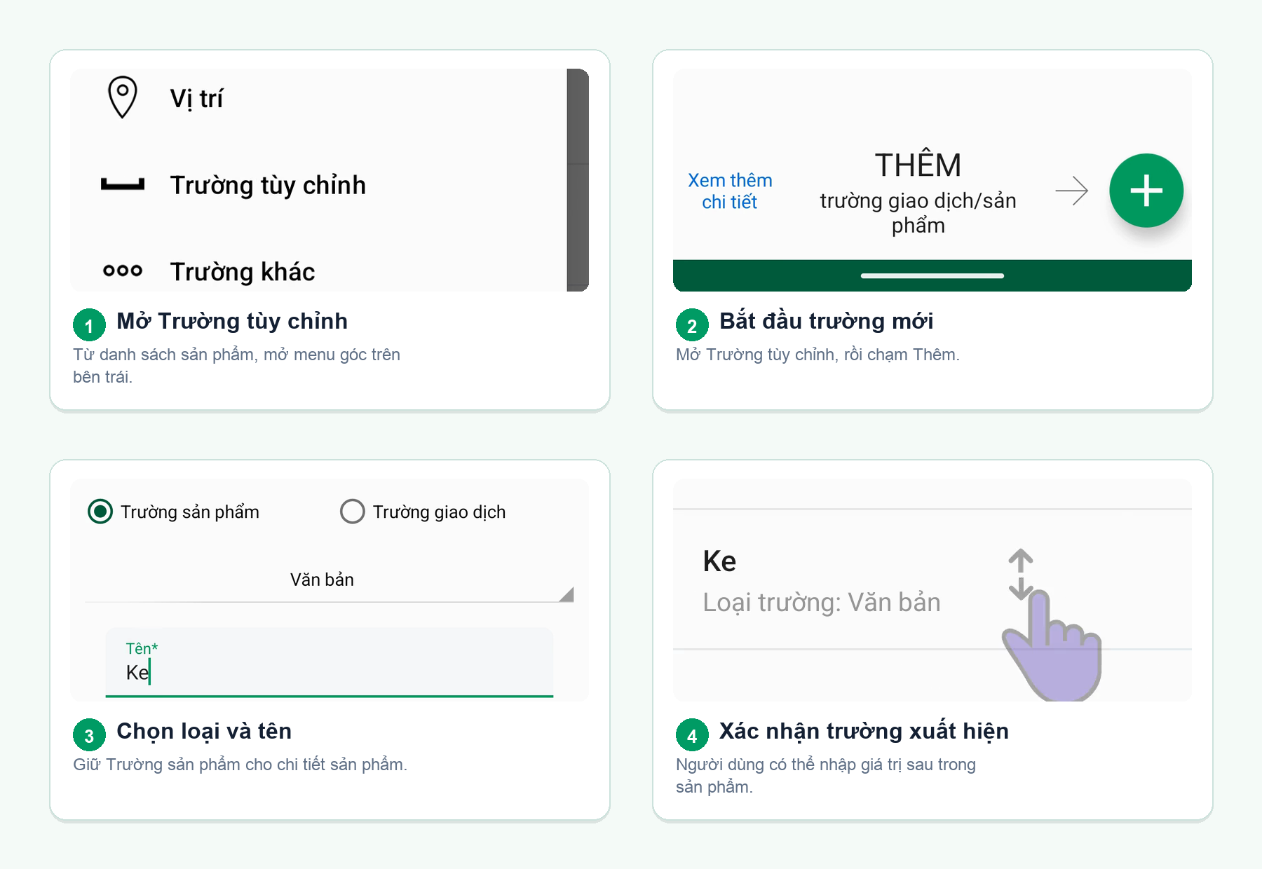 Bốn màn hình Android cho thấy cách tạo trường tùy chỉnh của kho từ menu danh sách sản phẩm