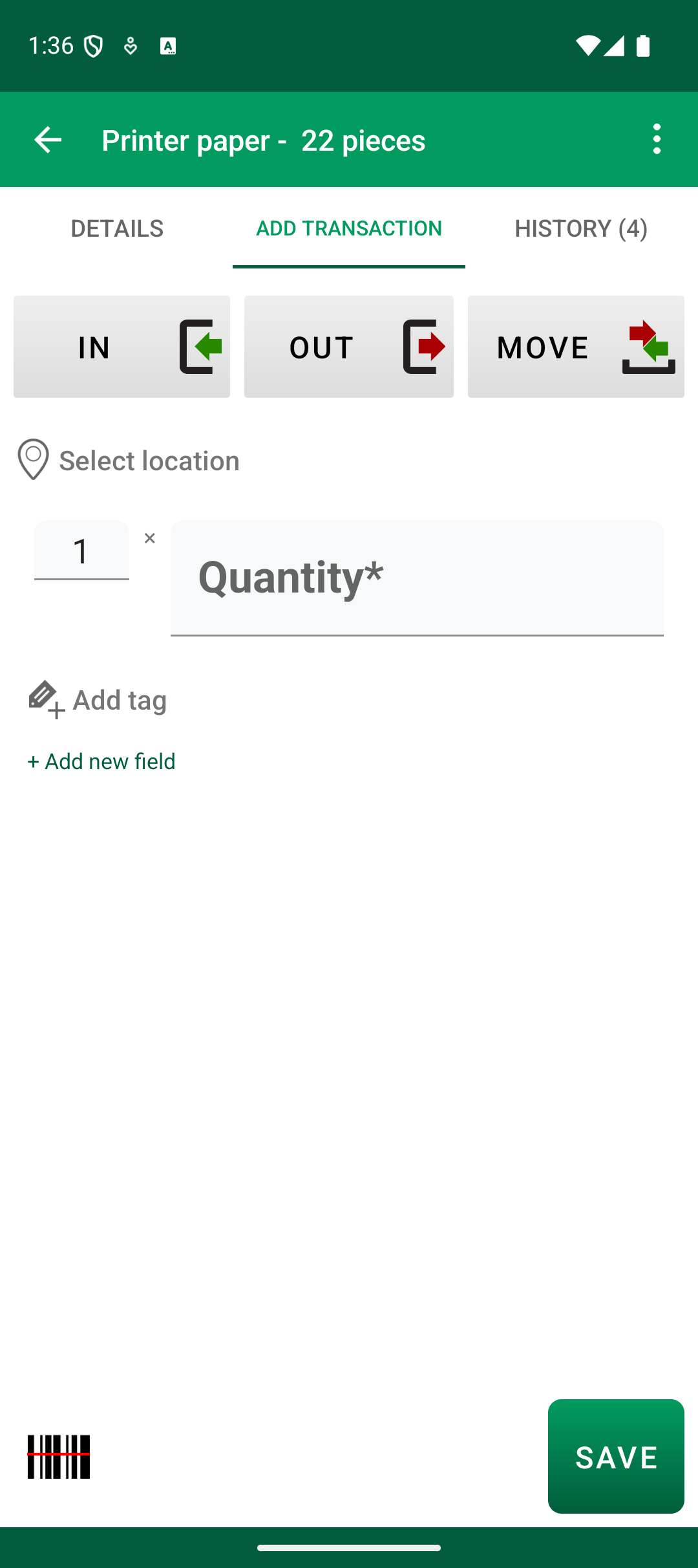 Οθόνη Android Add Transaction με κουμπιά IN OUT και MOVE χωρίς αγαπημένο