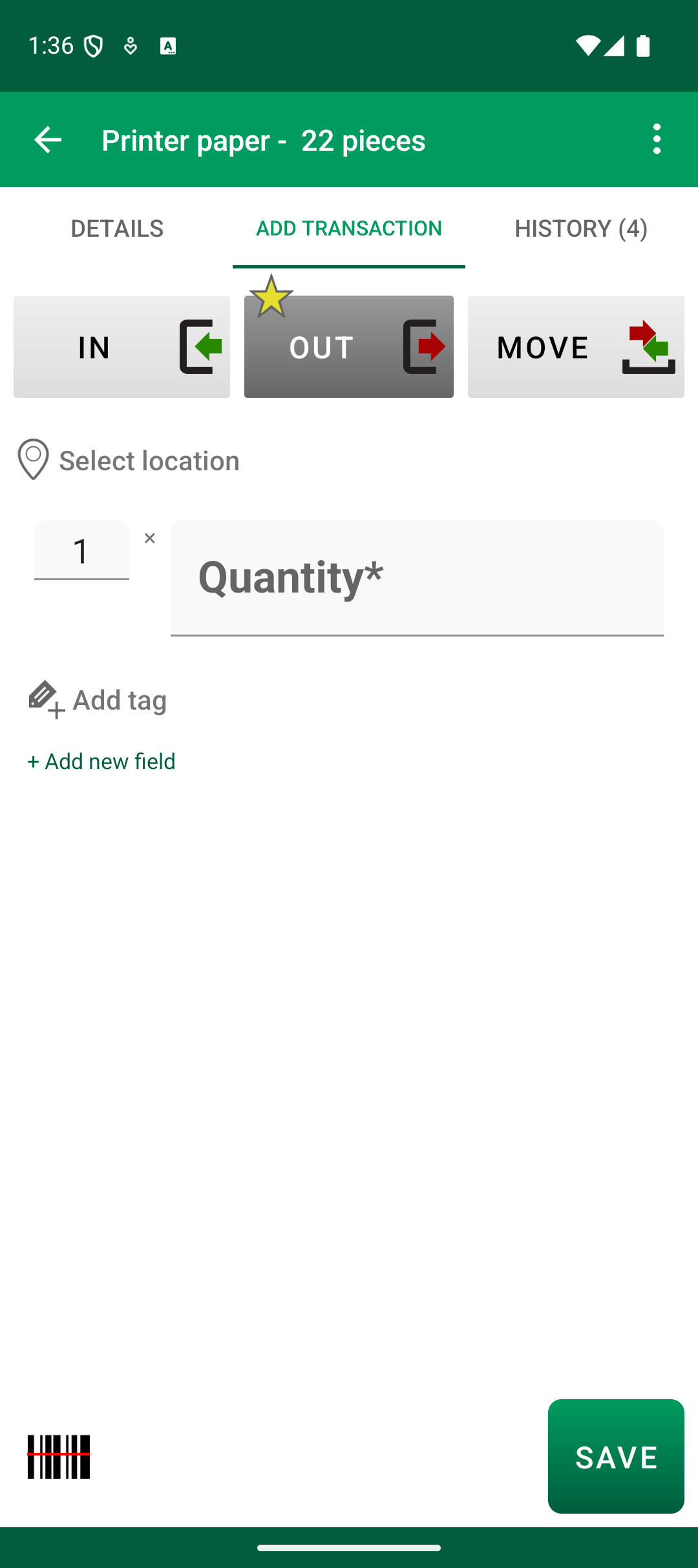 Οθόνη Android Add Transaction ξανά ανοιγμένη με το OUT αυτόματα επιλεγμένο