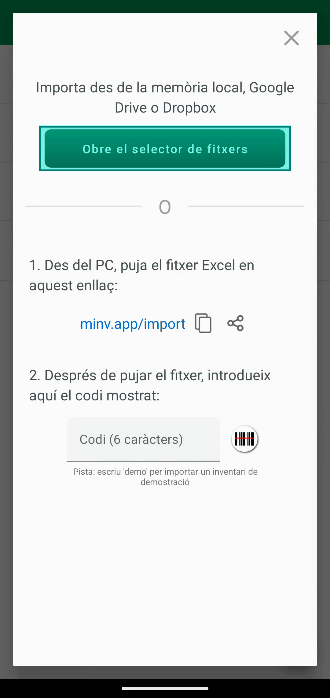 Diàleg Import amb el botó Open file chooser