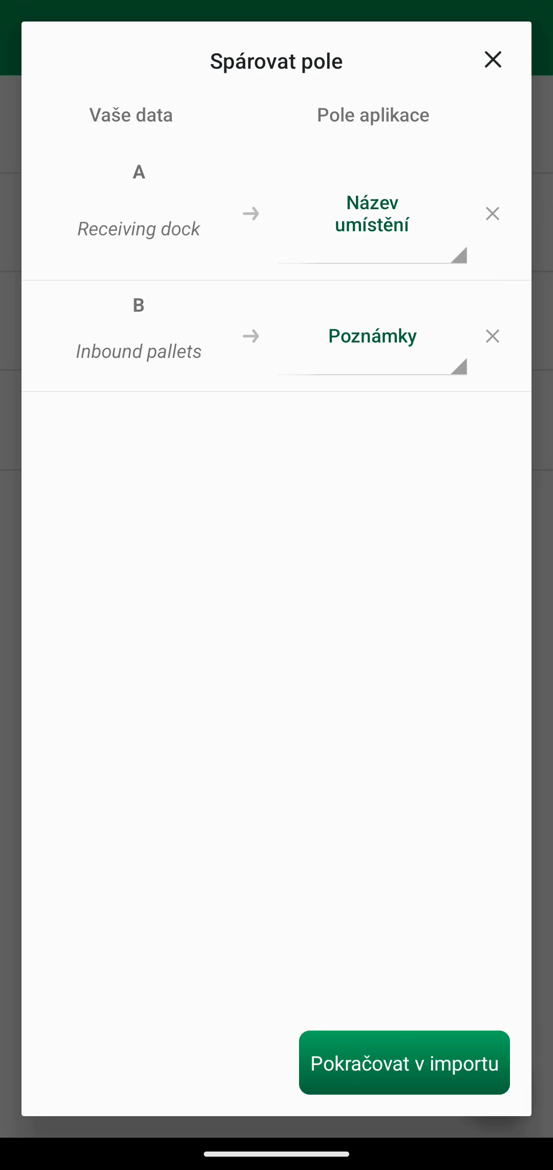 Obrazovka Párování polí s přiřazením Location name