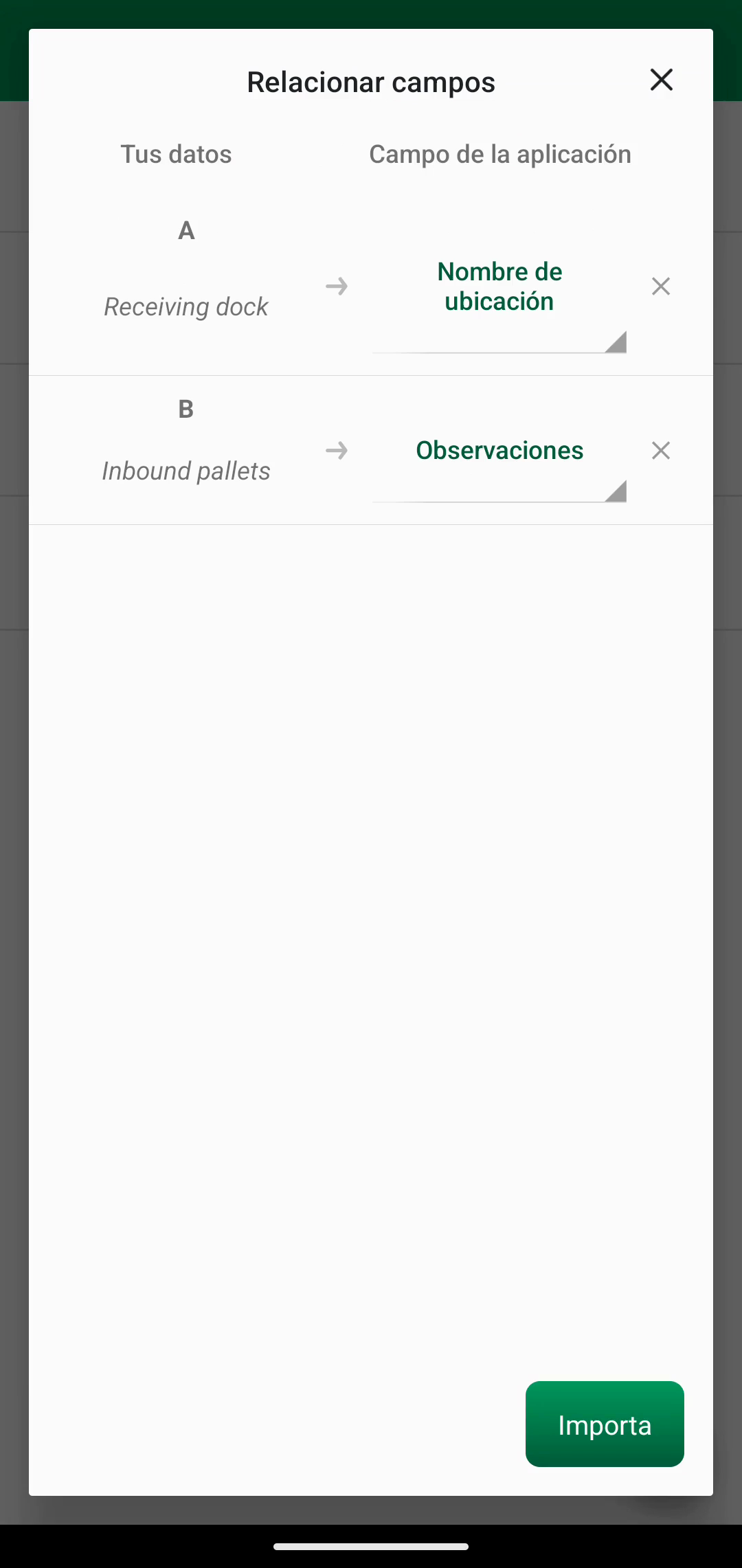 Pantalla Relacionar campos con asignación de Location name