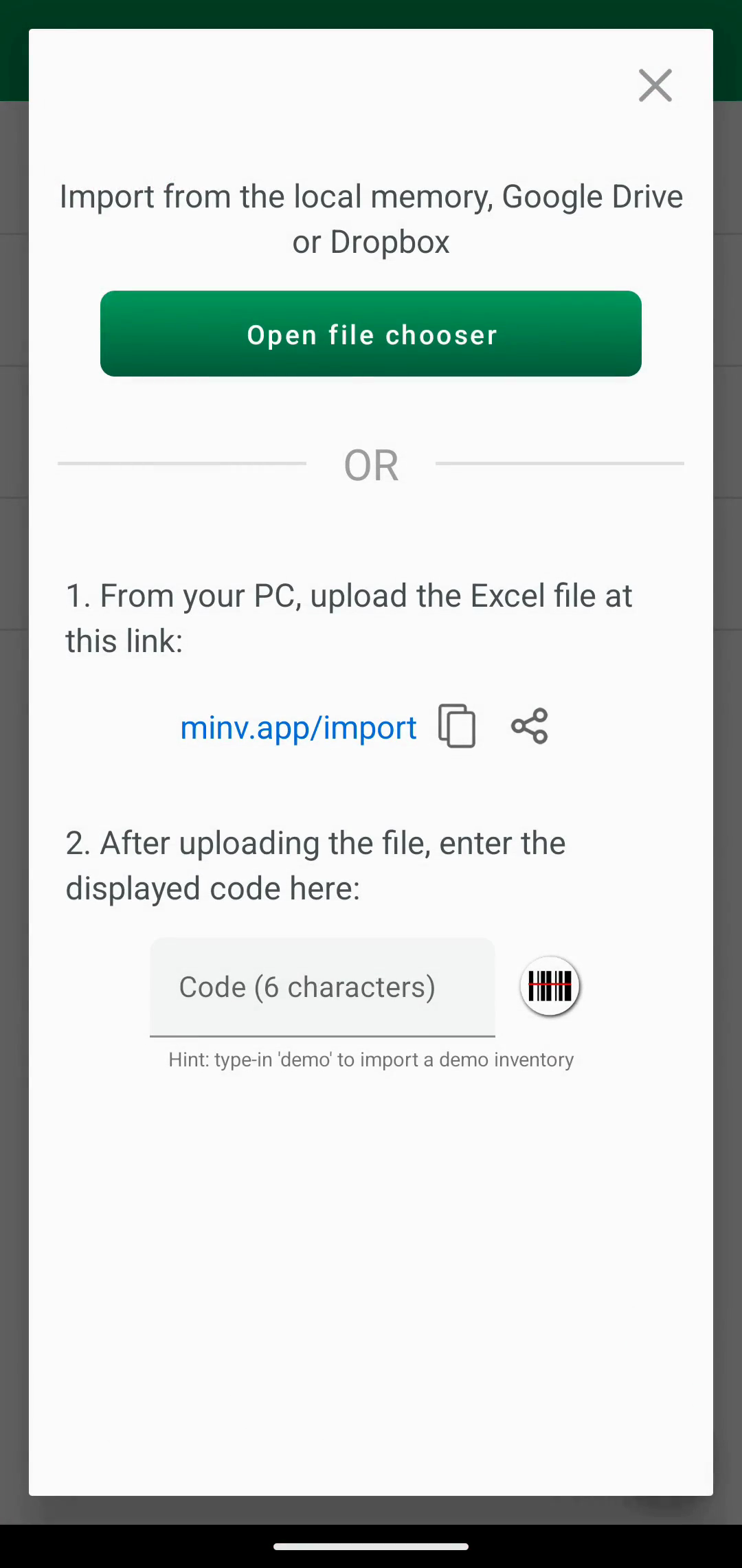 Import dialog with the Open file chooser button