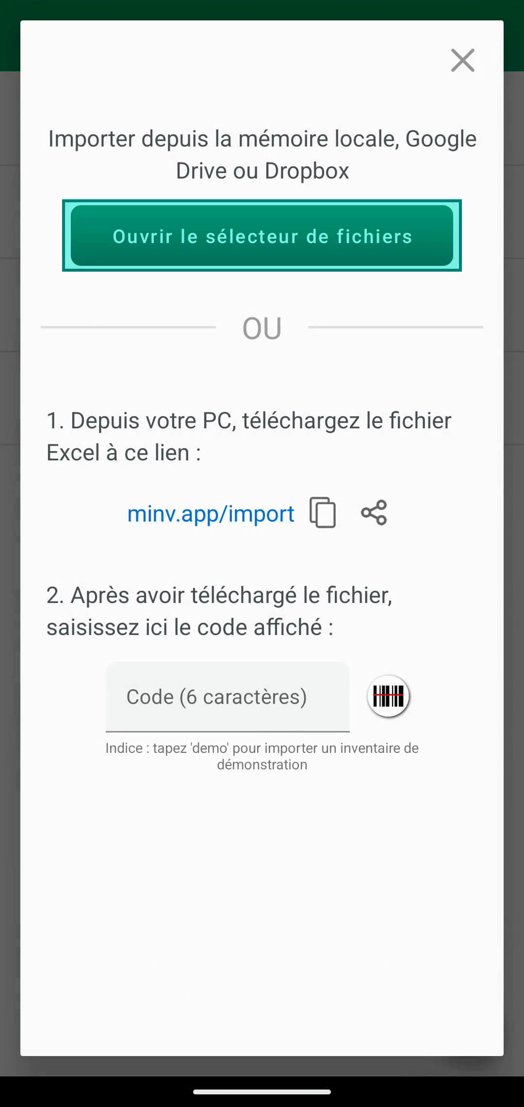 Boîte de dialogue Import avec le bouton Open file chooser