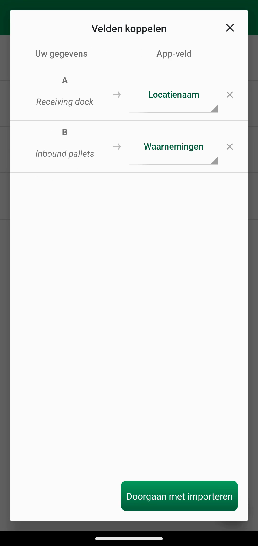 Velden koppelen-scherm met koppeling van Location name