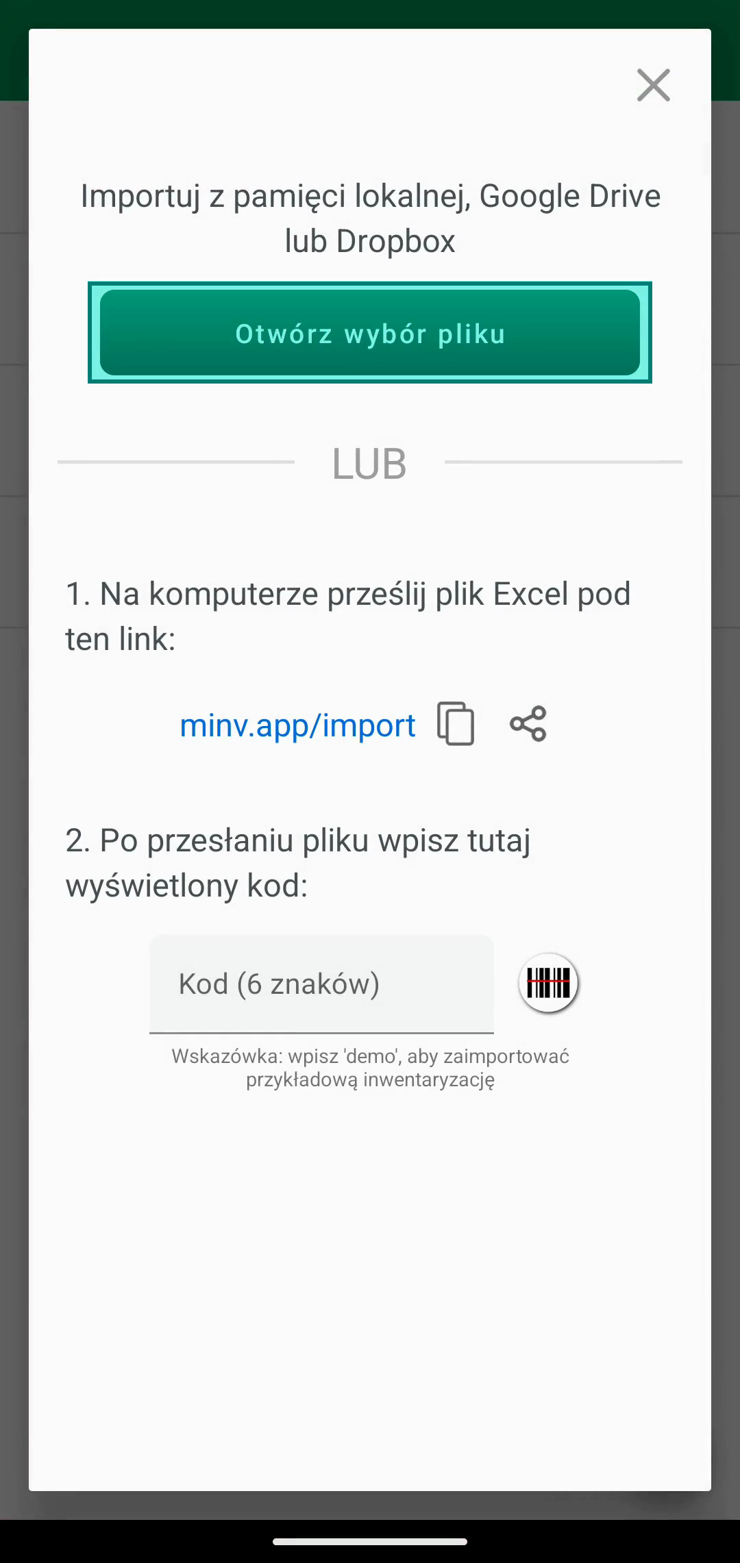 Okno Import z przyciskiem Open file chooser