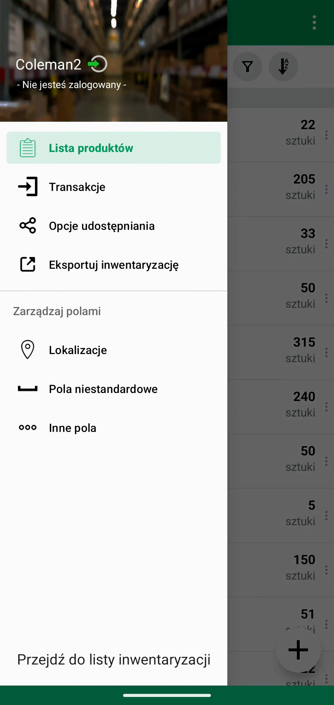 Locations wybrane w menu nawigacji mobilnej