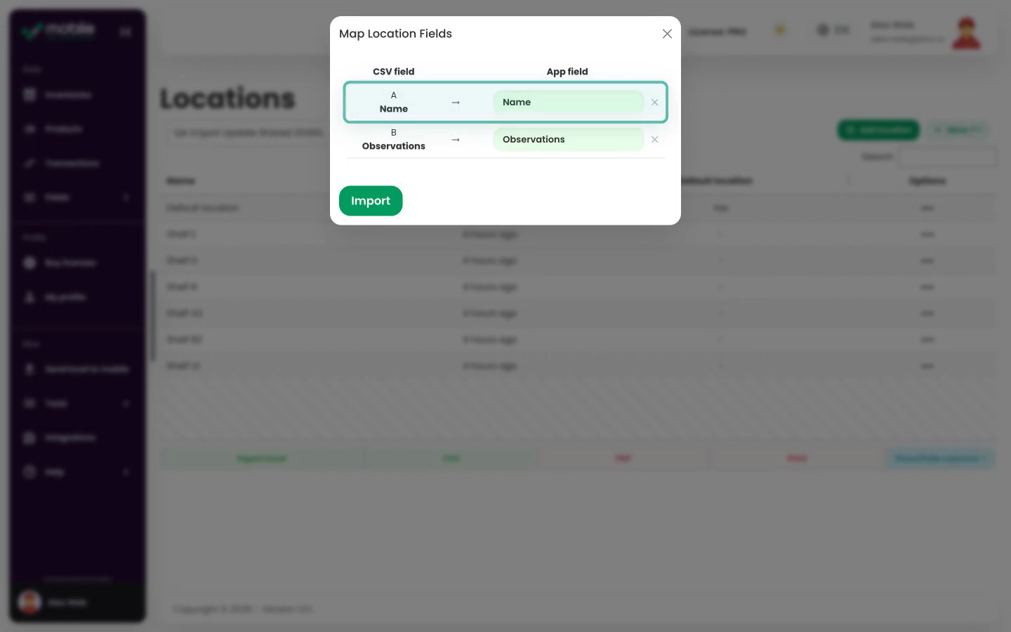 Web app Map Location Fields dialog with CSV columns matched to location fields