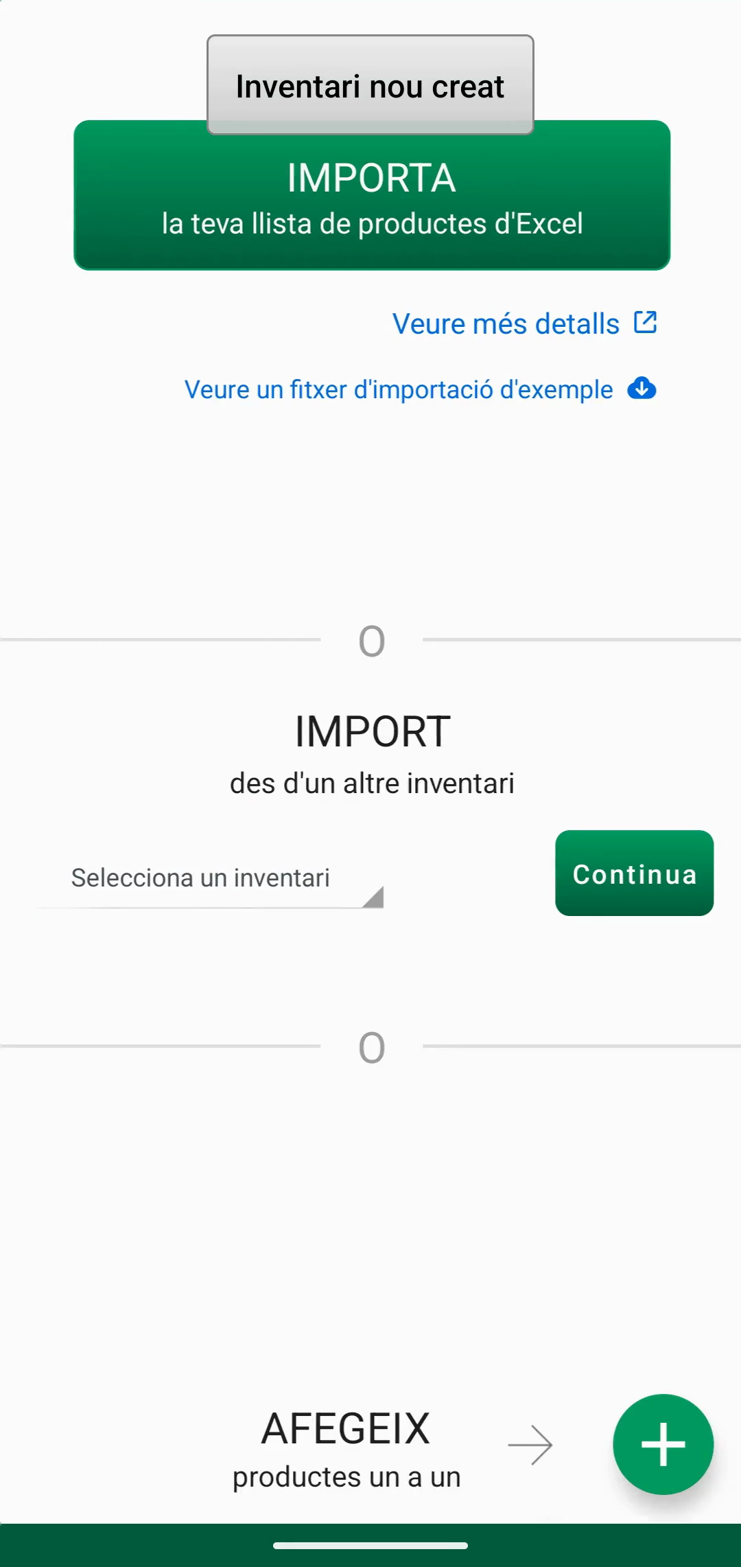 Pantalla d’importació amb selector de fitxer i camp de codi Web