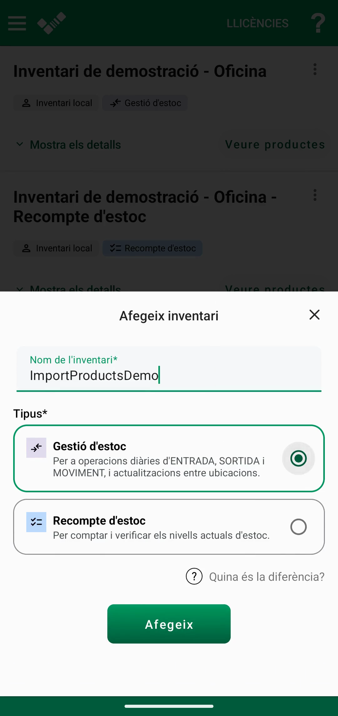 Inventari buit amb l’opció d’importar una llista Excel de productes