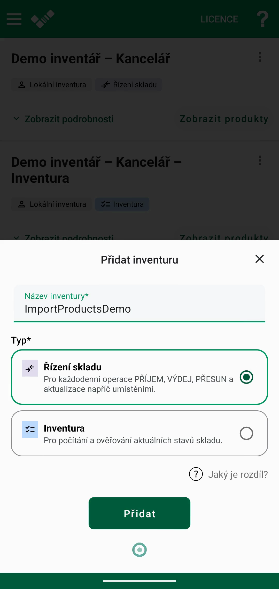Obrazovka importu s výběrem souboru a polem pro webový importní kód