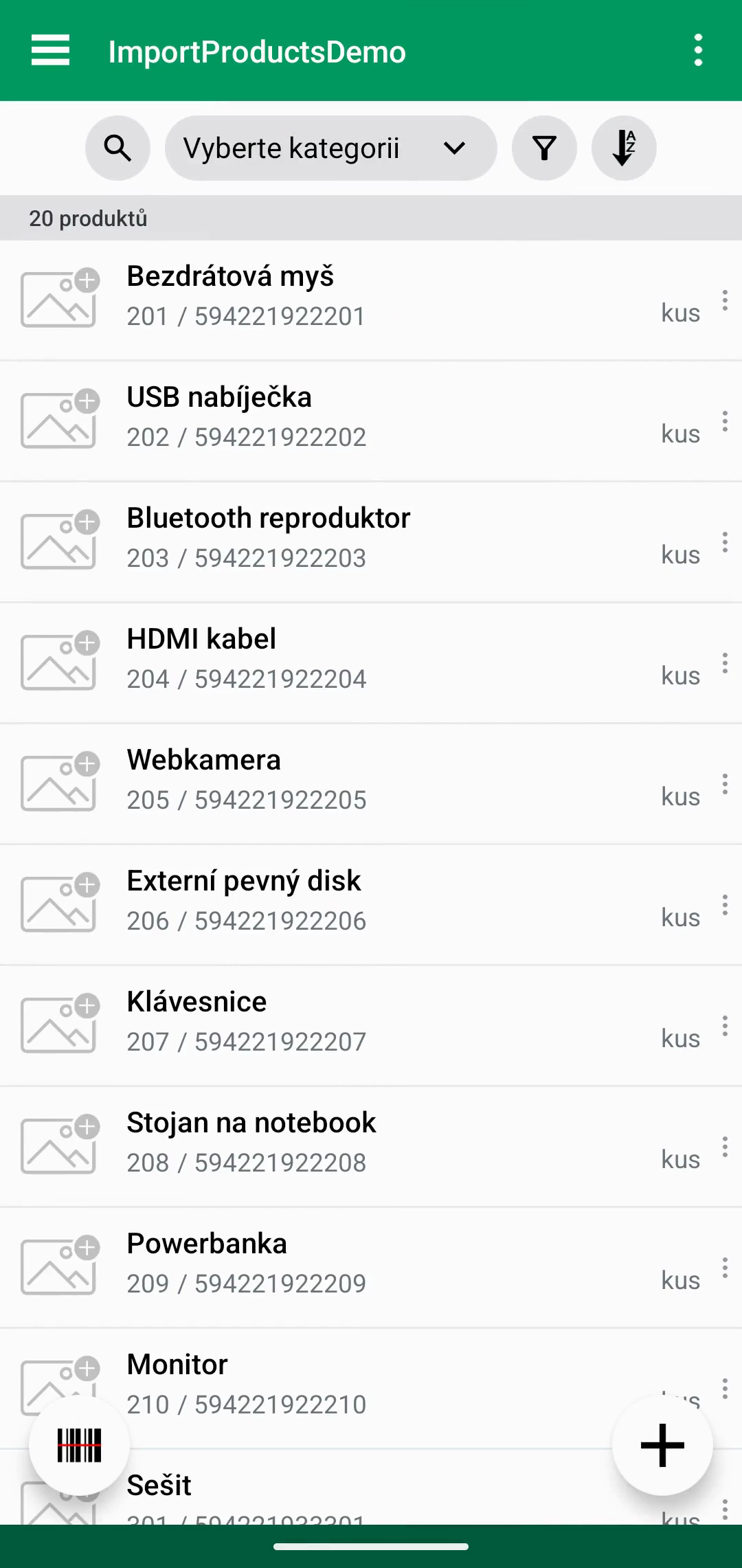 Seznam produktů po dokončení importu produktů