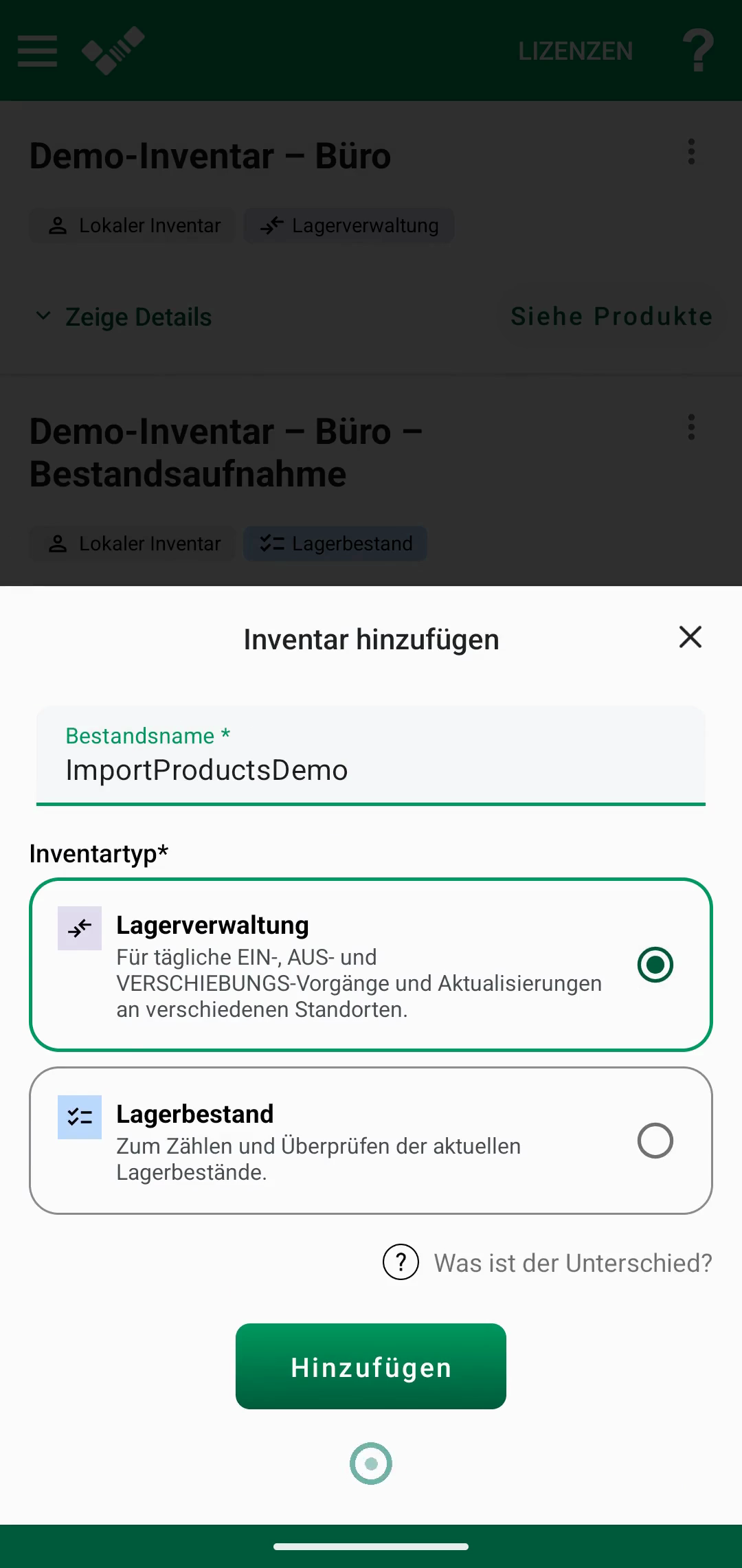 Importbildschirm mit Dateiauswahl und Web-Importcodefeld