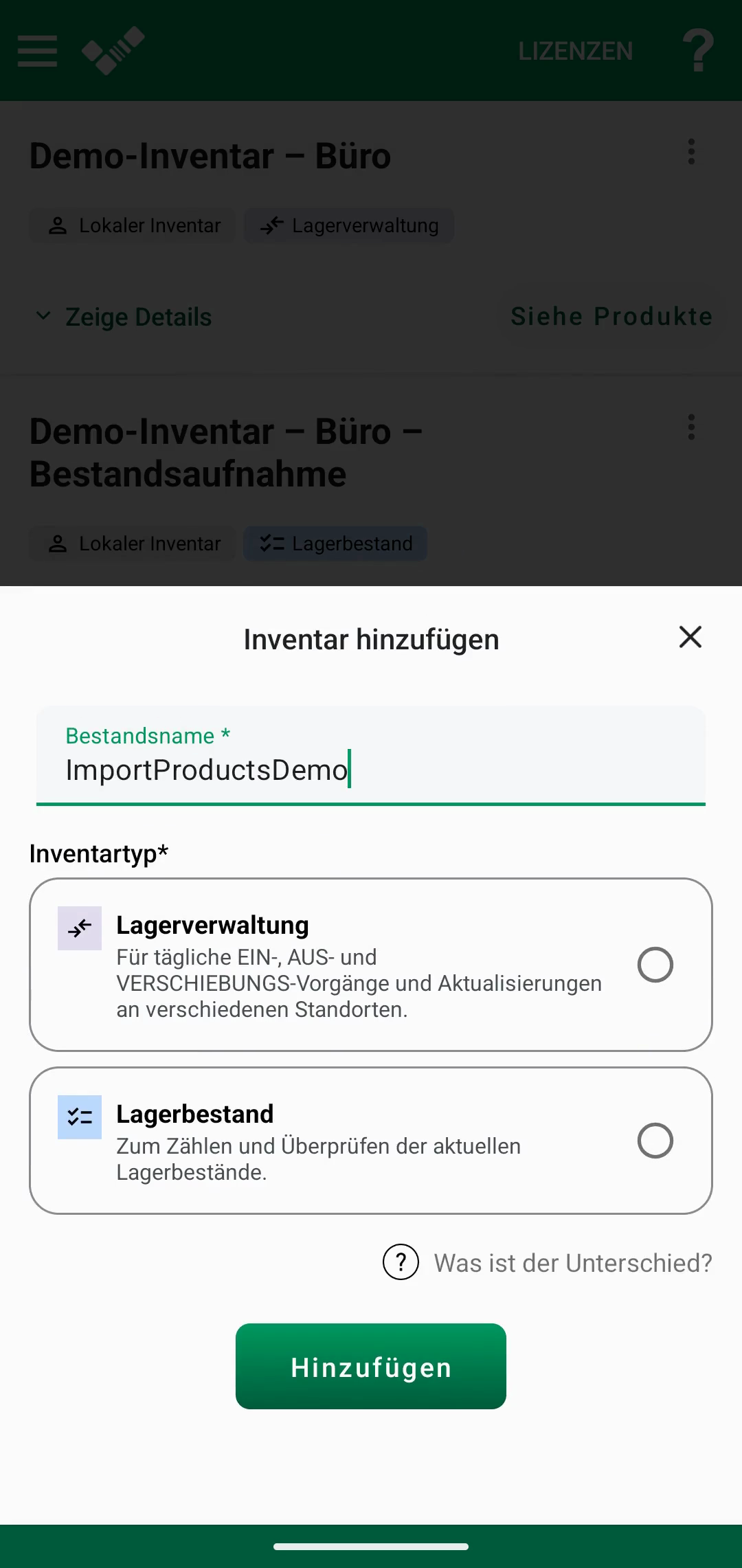 Leeres Inventar mit Option zum Importieren einer Excel-Produktliste