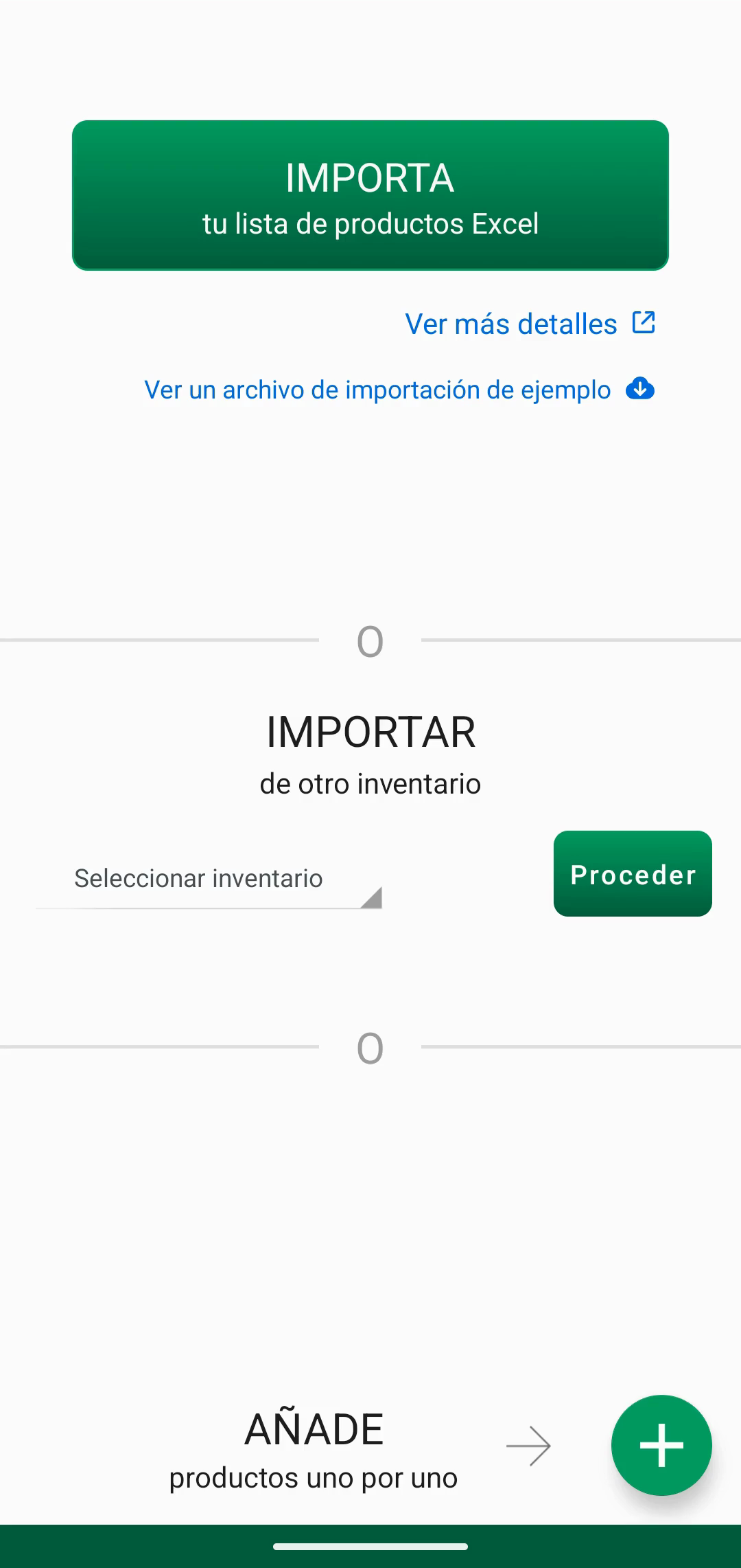 Pantalla de importación con selector de archivo y campo de código Web