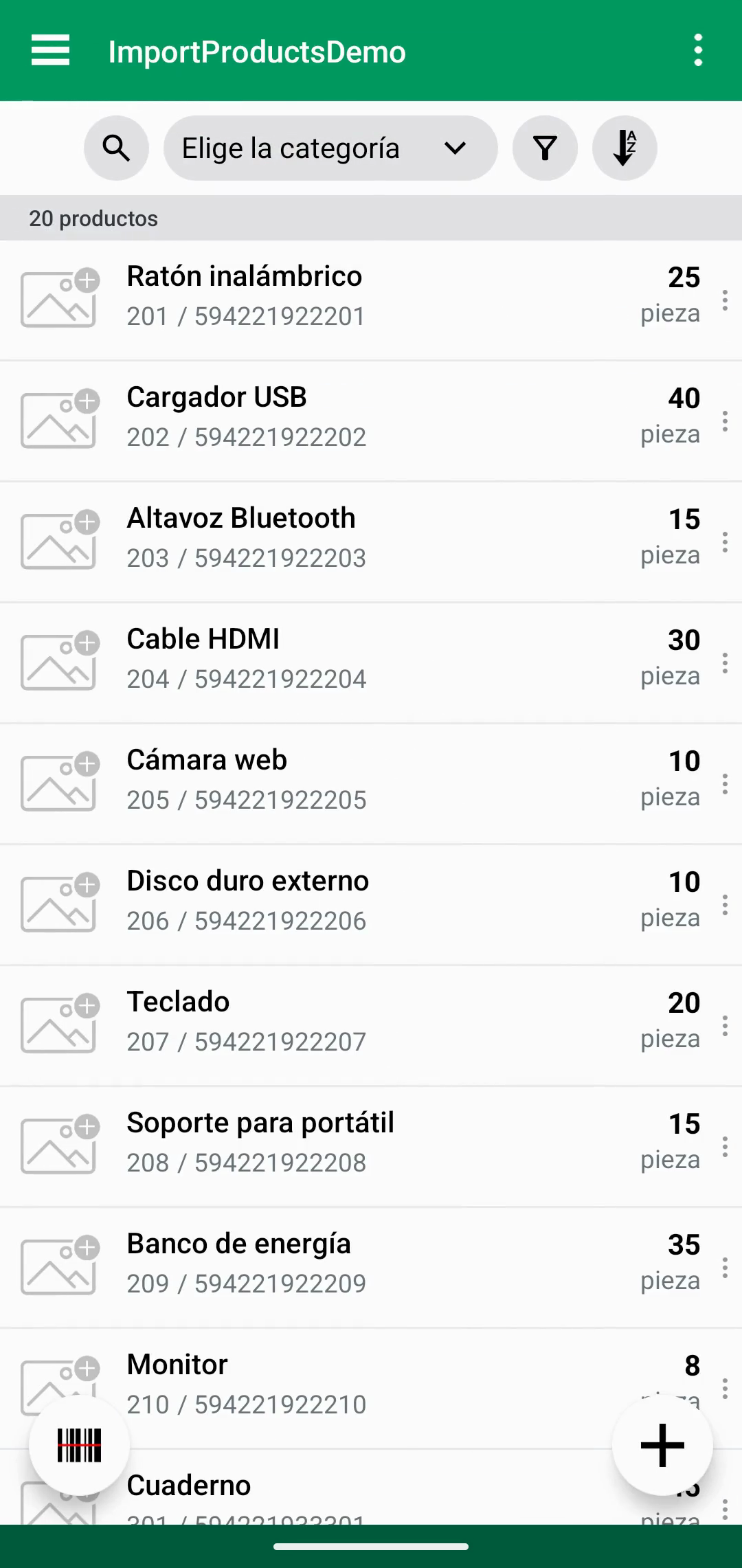 Lista de productos después de completar la importación
