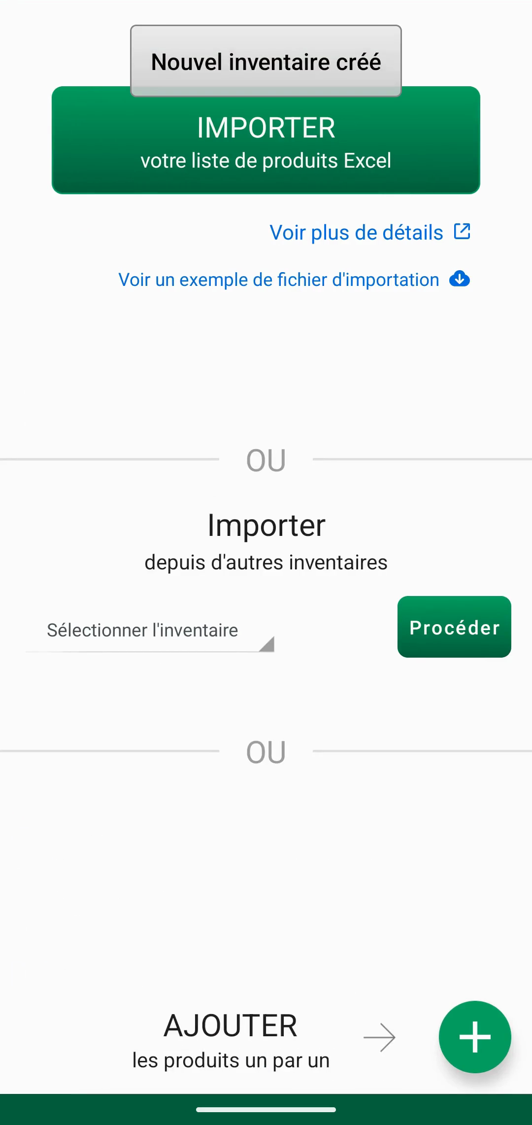 Écran d’import avec sélecteur de fichier et champ de code Web