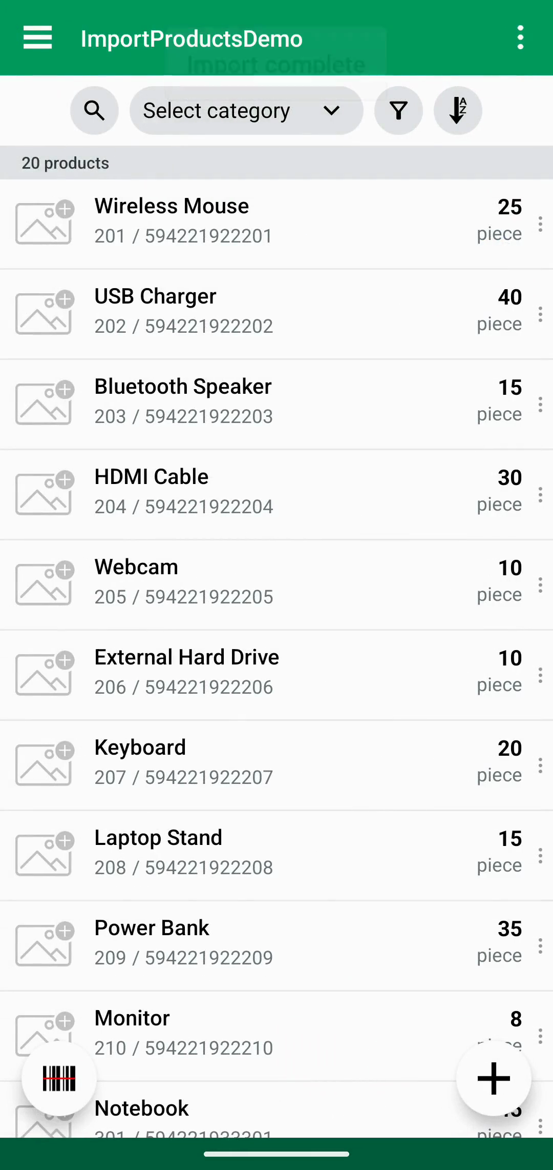 Product list after the product import finishes