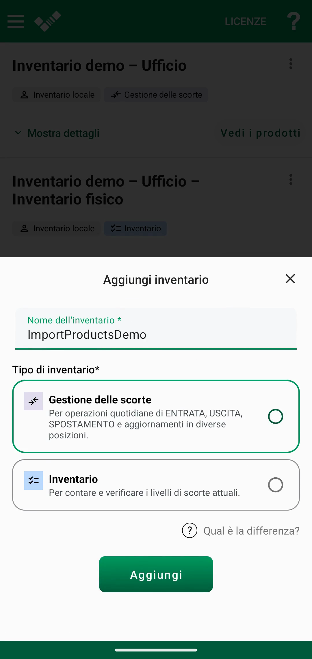 Inventario vuoto con l’opzione per importare una lista Excel di prodotti