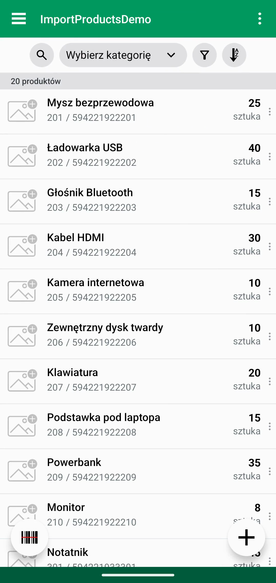 Lista produktów po zakończeniu importu produktów