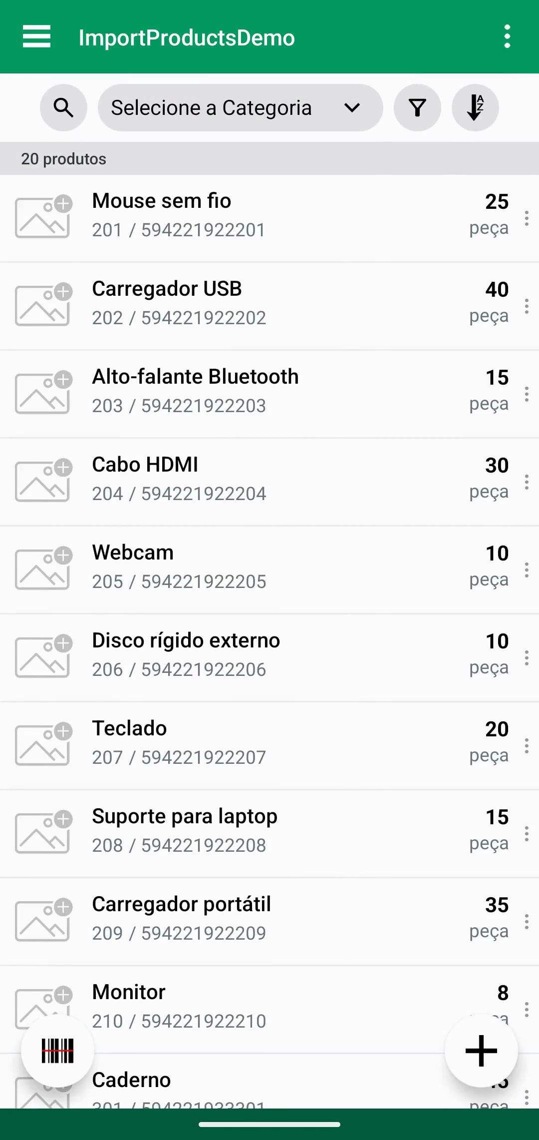 Lista de produtos depois de terminar a importação