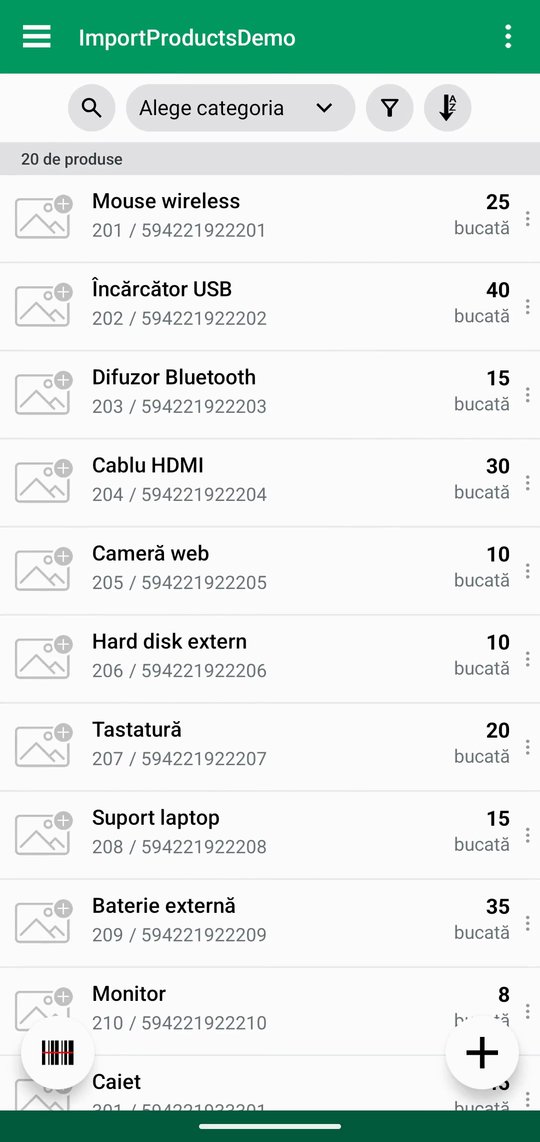Lista de produse după finalizarea importului