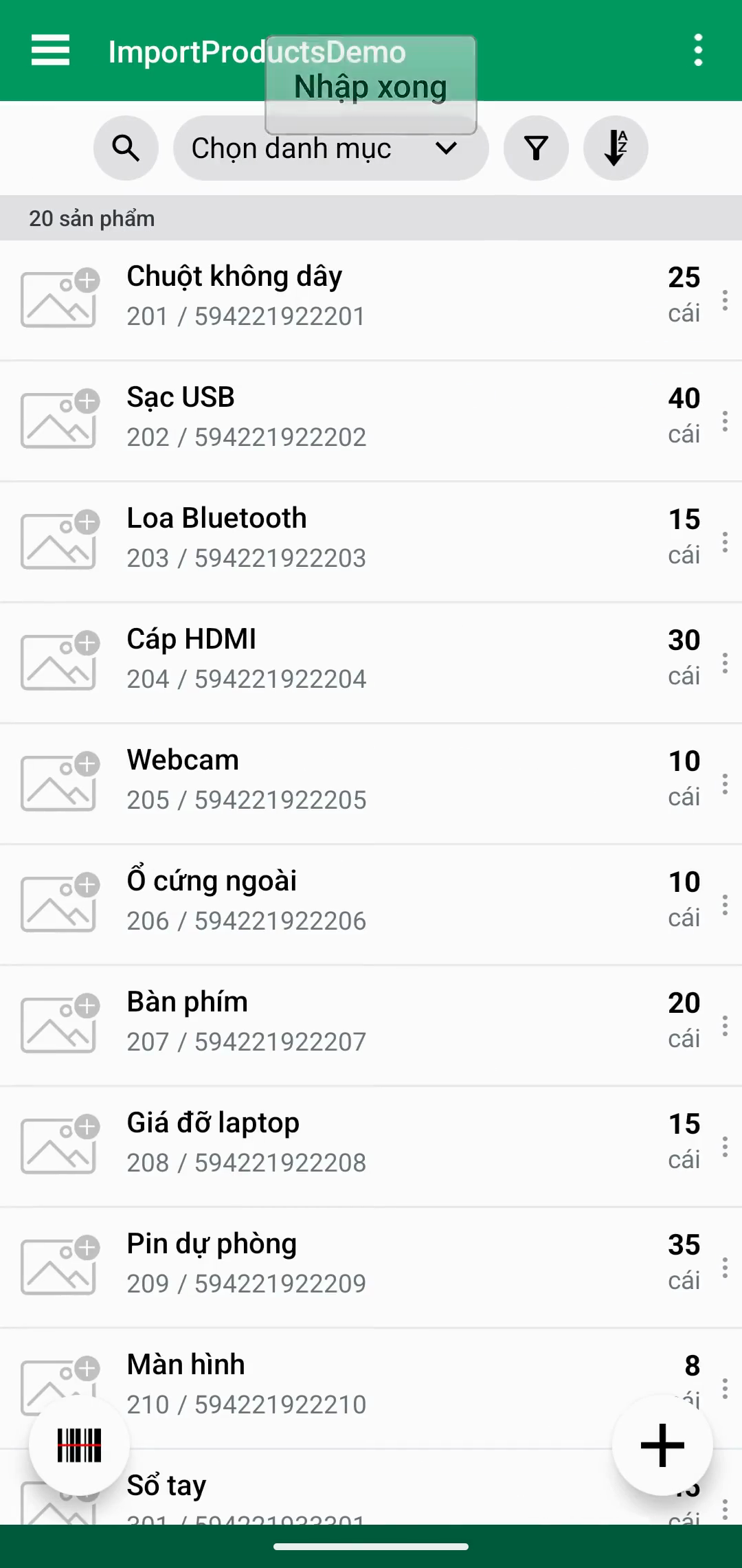 Danh sách sản phẩm sau khi nhập sản phẩm hoàn tất