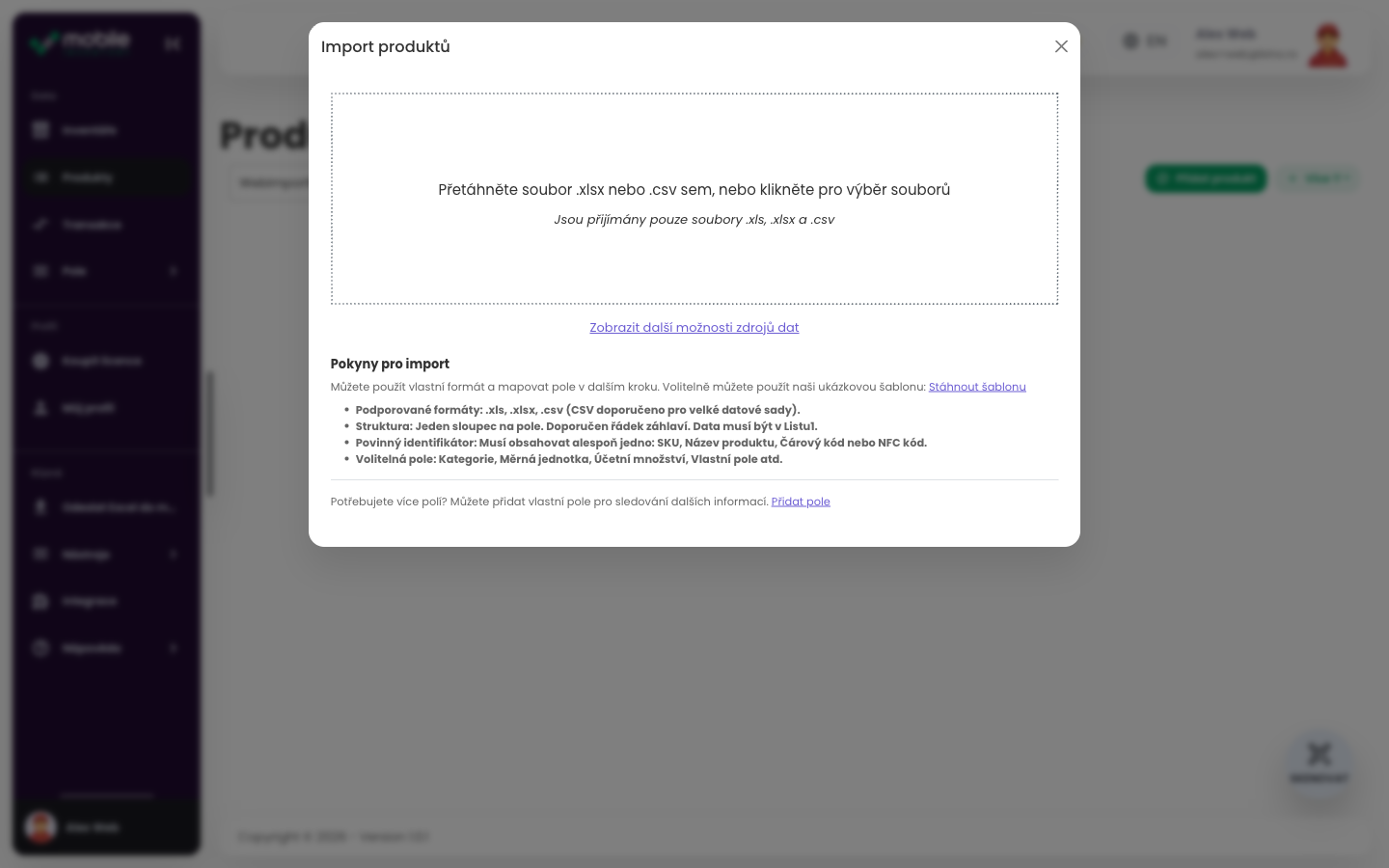 Dialog Import products ve webové aplikaci s oblastí pro nahrání souboru CSV nebo Excel