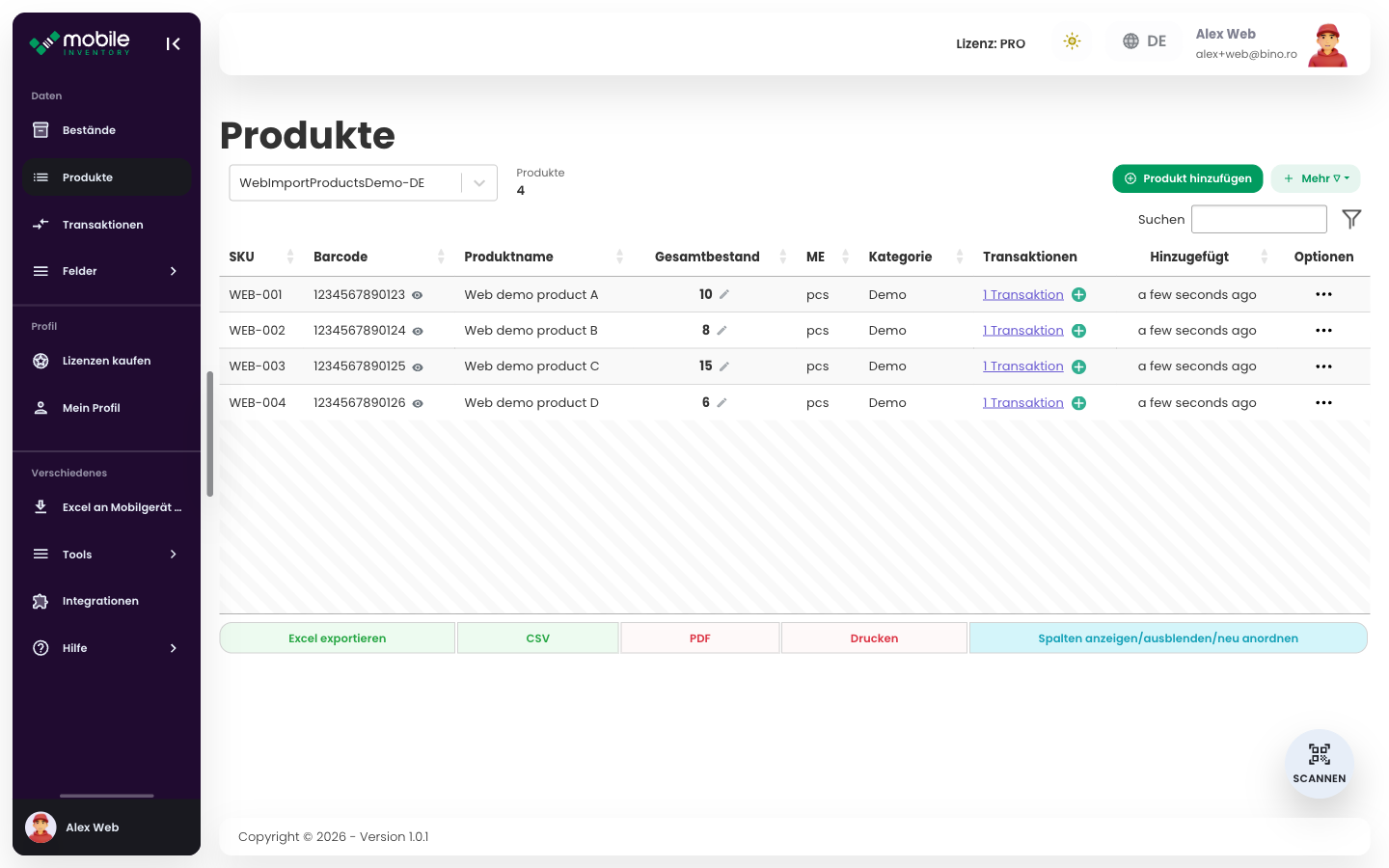 Products-Tabelle der Web-App mit importierten Produktzeilen