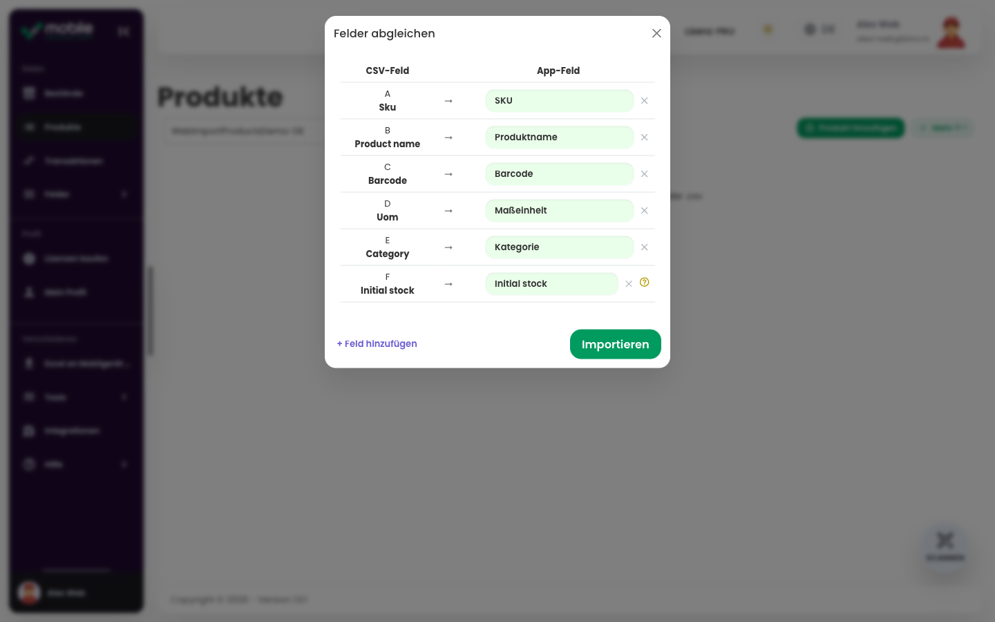 Match fields-Dialog der Web-App mit CSV-Spalten, die Mobile Inventory-Feldern zugeordnet sind