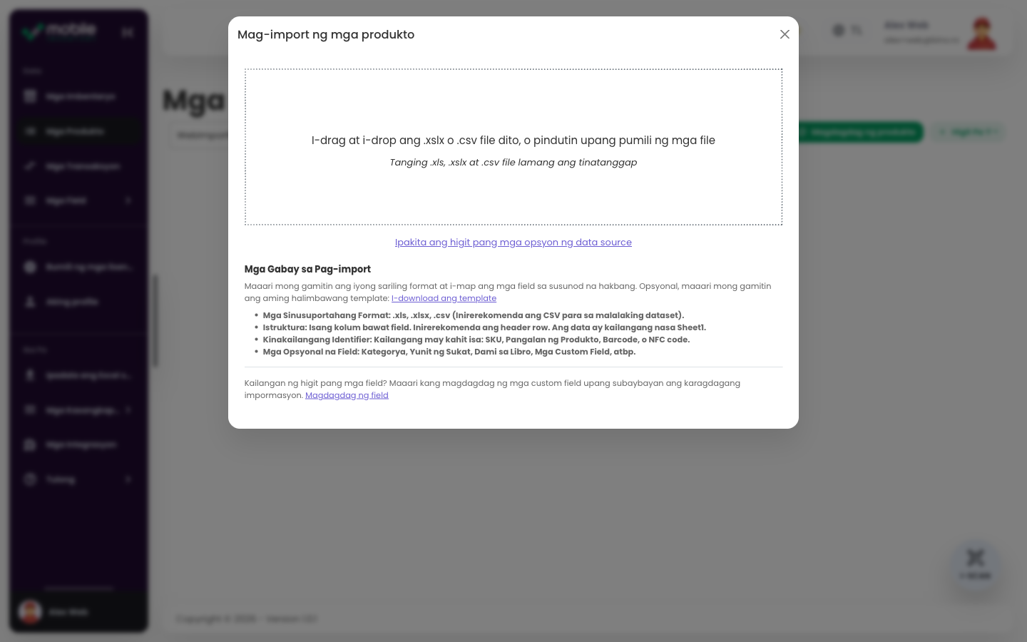 Dialog na Import products sa Web app na may lugar para mag-upload ng CSV o Excel file