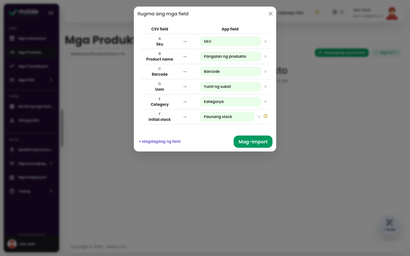 Dialog na Match fields sa Web app na may mga column ng CSV na nakatugma sa mga field ng Mobile Inventory