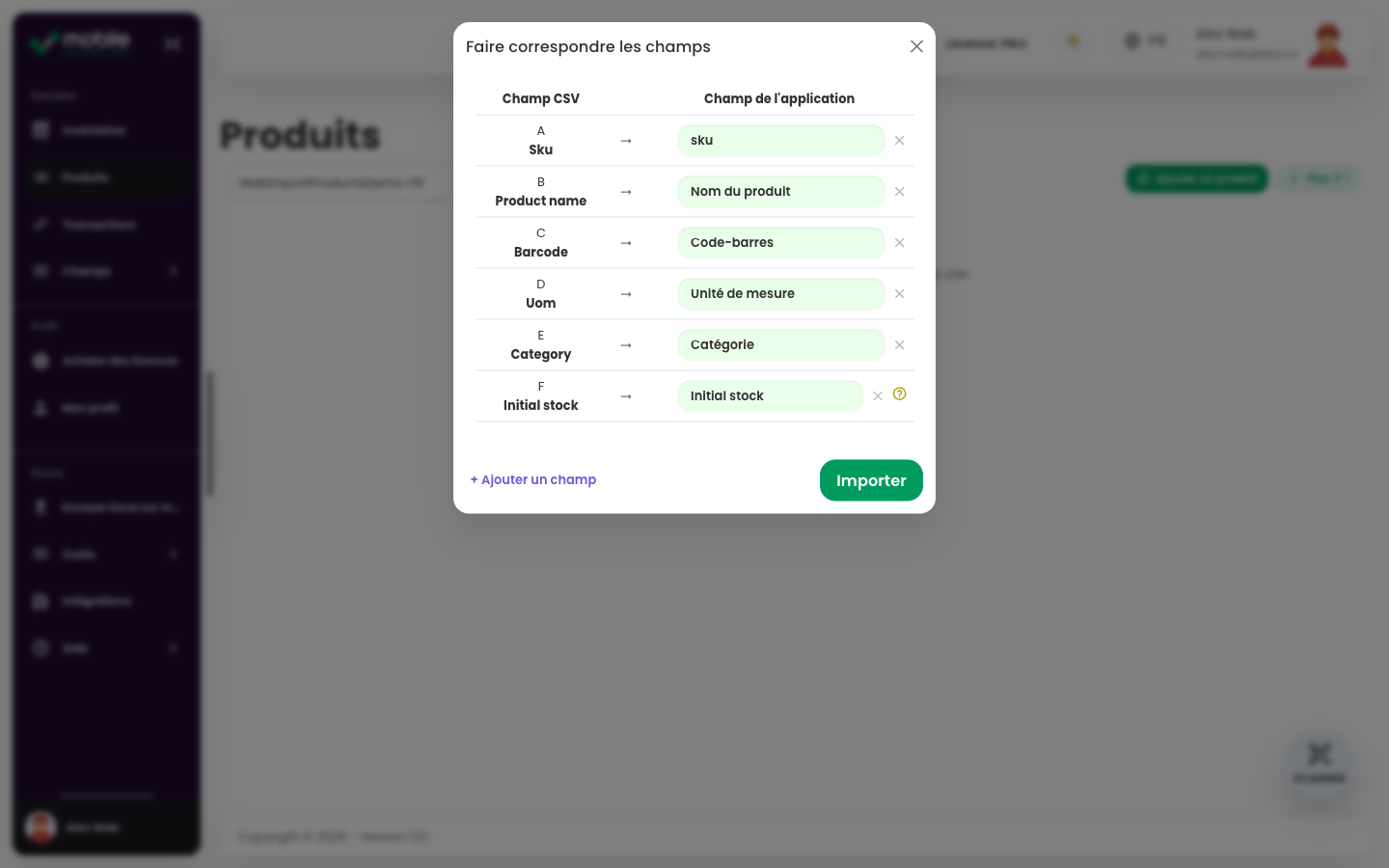 Fenêtre Match fields de l’application Web avec des colonnes CSV associées aux champs Mobile Inventory