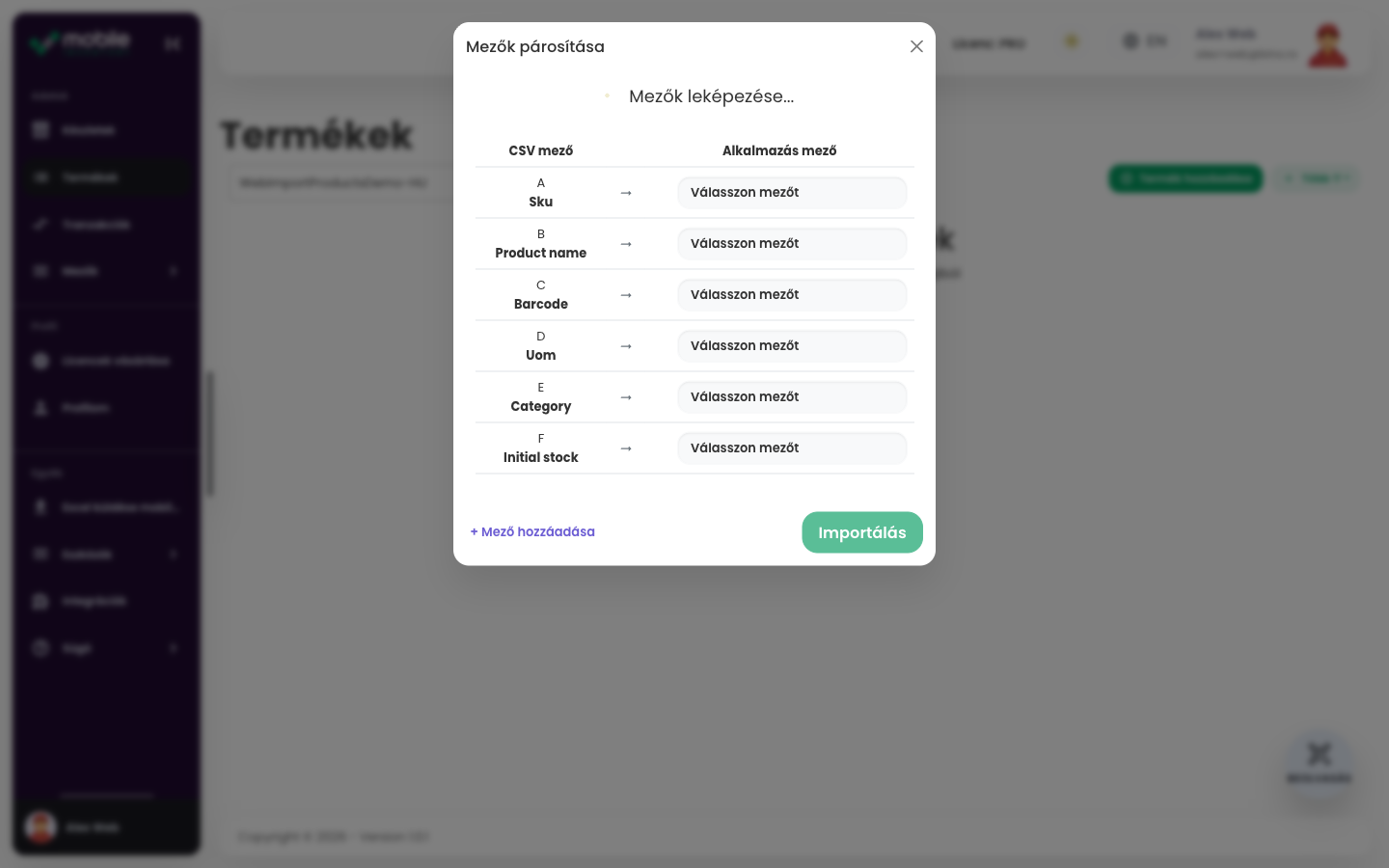 Match fields párbeszédablak a Web appban Mobile Inventory mezőkhöz rendelt CSV-oszlopokkal