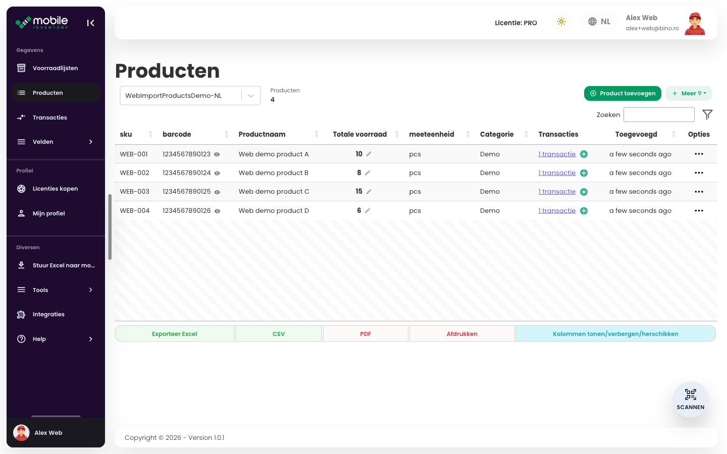 Products-tabel in de Web-app met de geïmporteerde productrijen