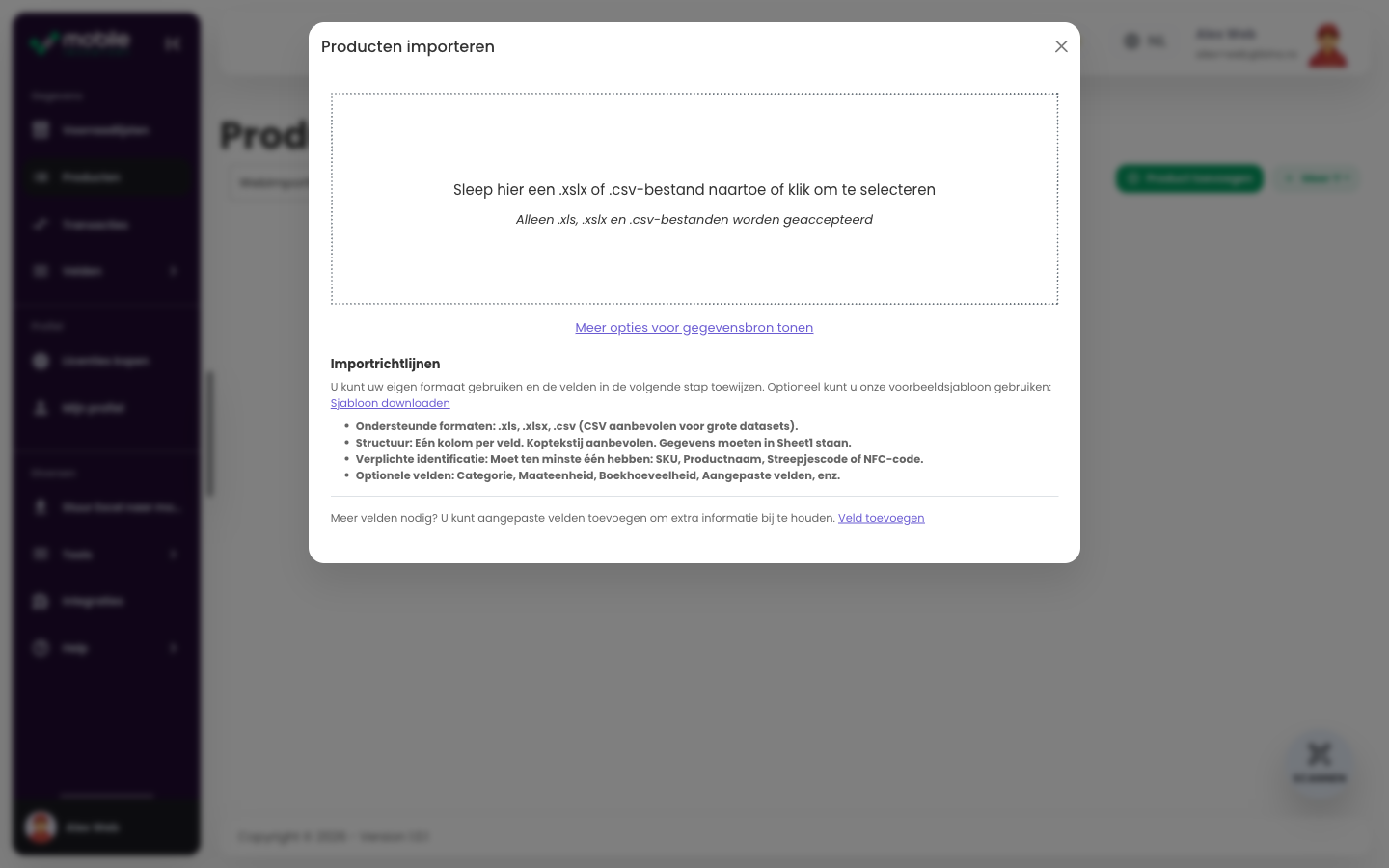 Import products-venster in de Web-app met uploadgebied voor een CSV- of Excel-bestand