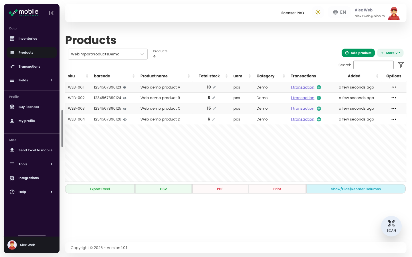Web app Products table showing the imported product rows