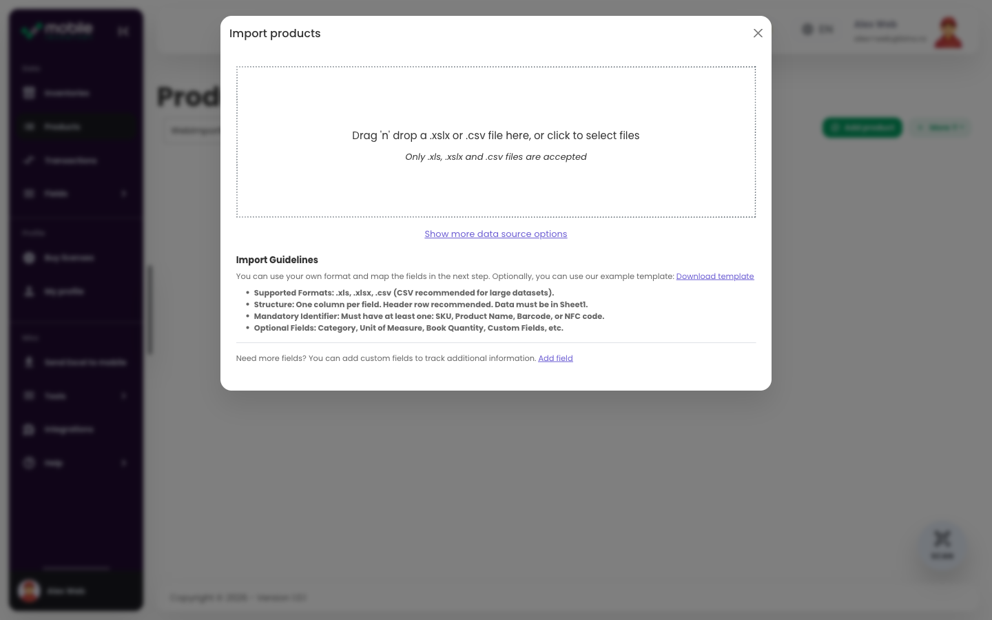 Web app Import products dialog with a CSV or Excel upload area